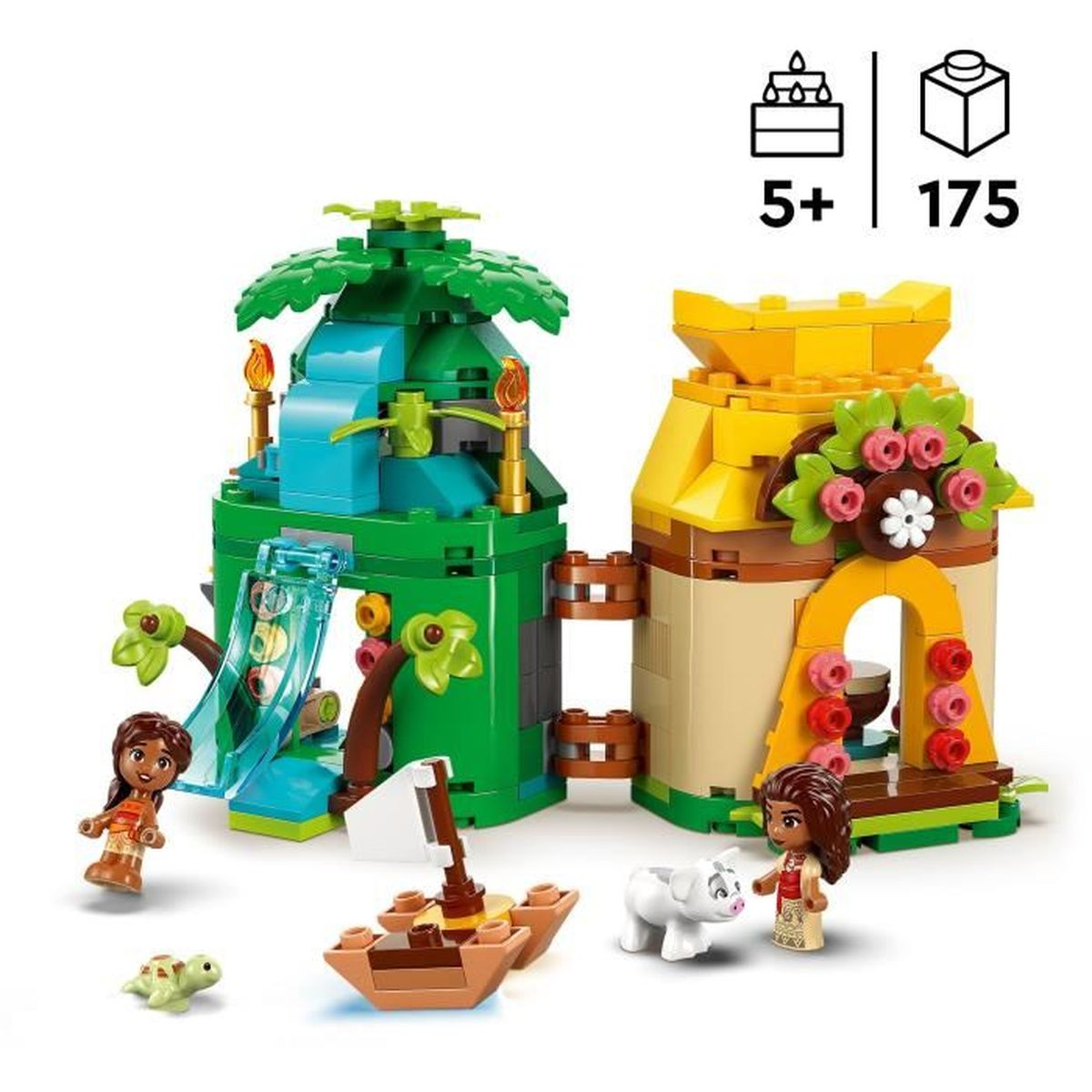 Zestaw LEGO Moana z Moaną, łodzią i innymi figurkami na białym tle.
