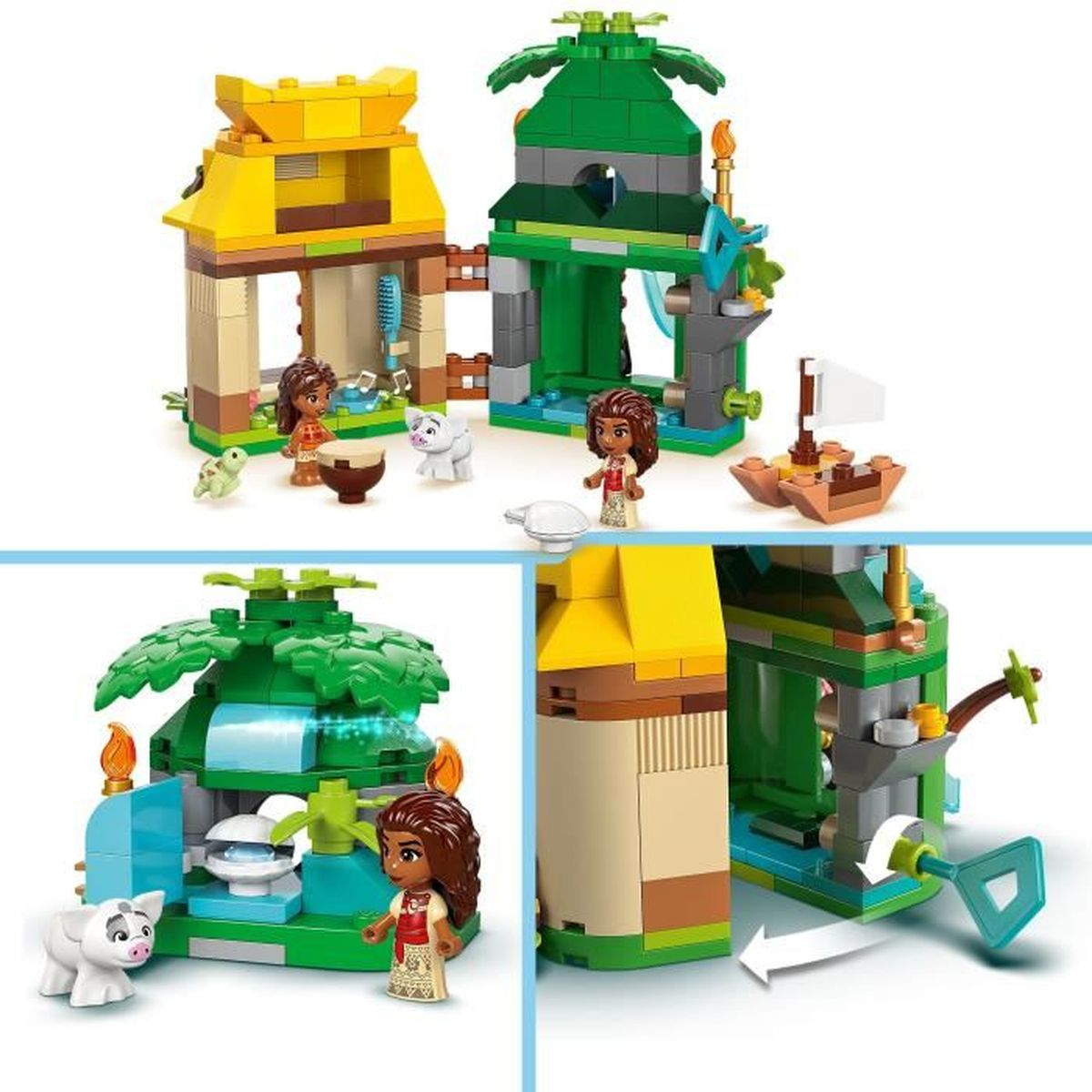 Zestaw Lego Moana z chatkami i figurkami. Dołączono scenę wodospadu.