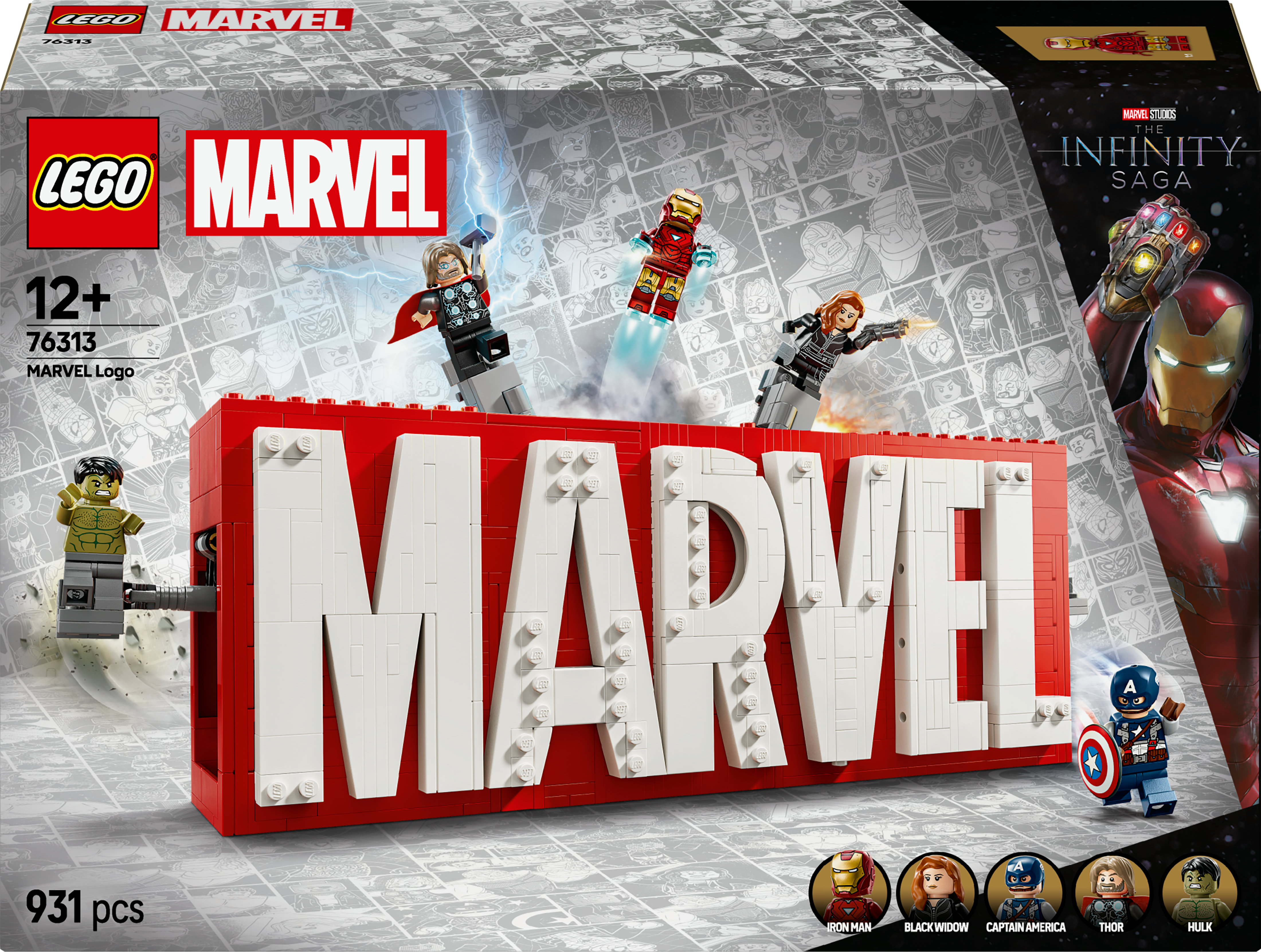 Caja del set Lego Marvel. Un logo de Marvel rojo con figuras de personajes de Marvel. La caja muestra los personajes.