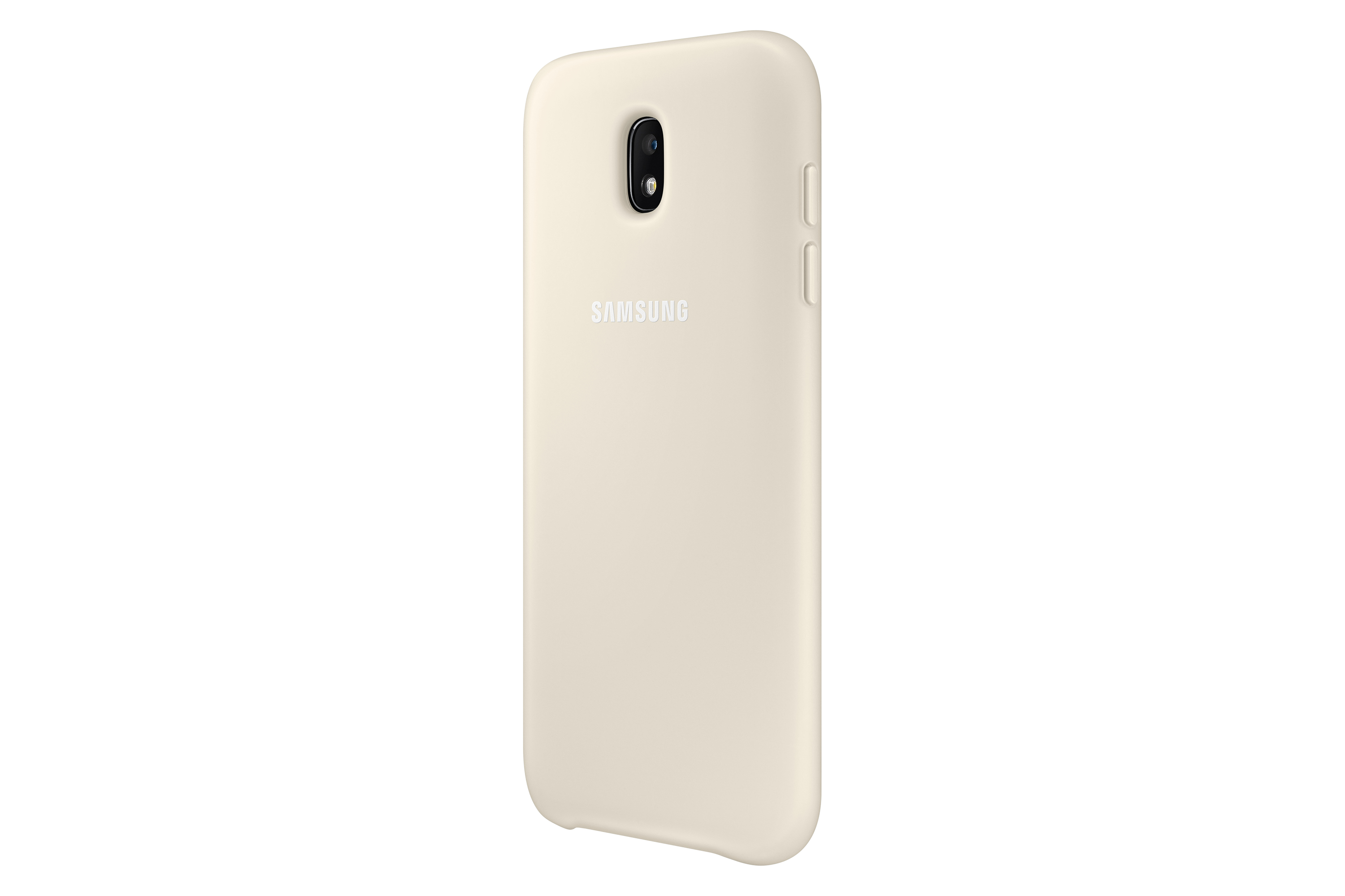 Una funda de teléfono beige con el logotipo de SAMSUNG, aislada sobre una superficie blanca, mostrando la parte trasera y lateral.