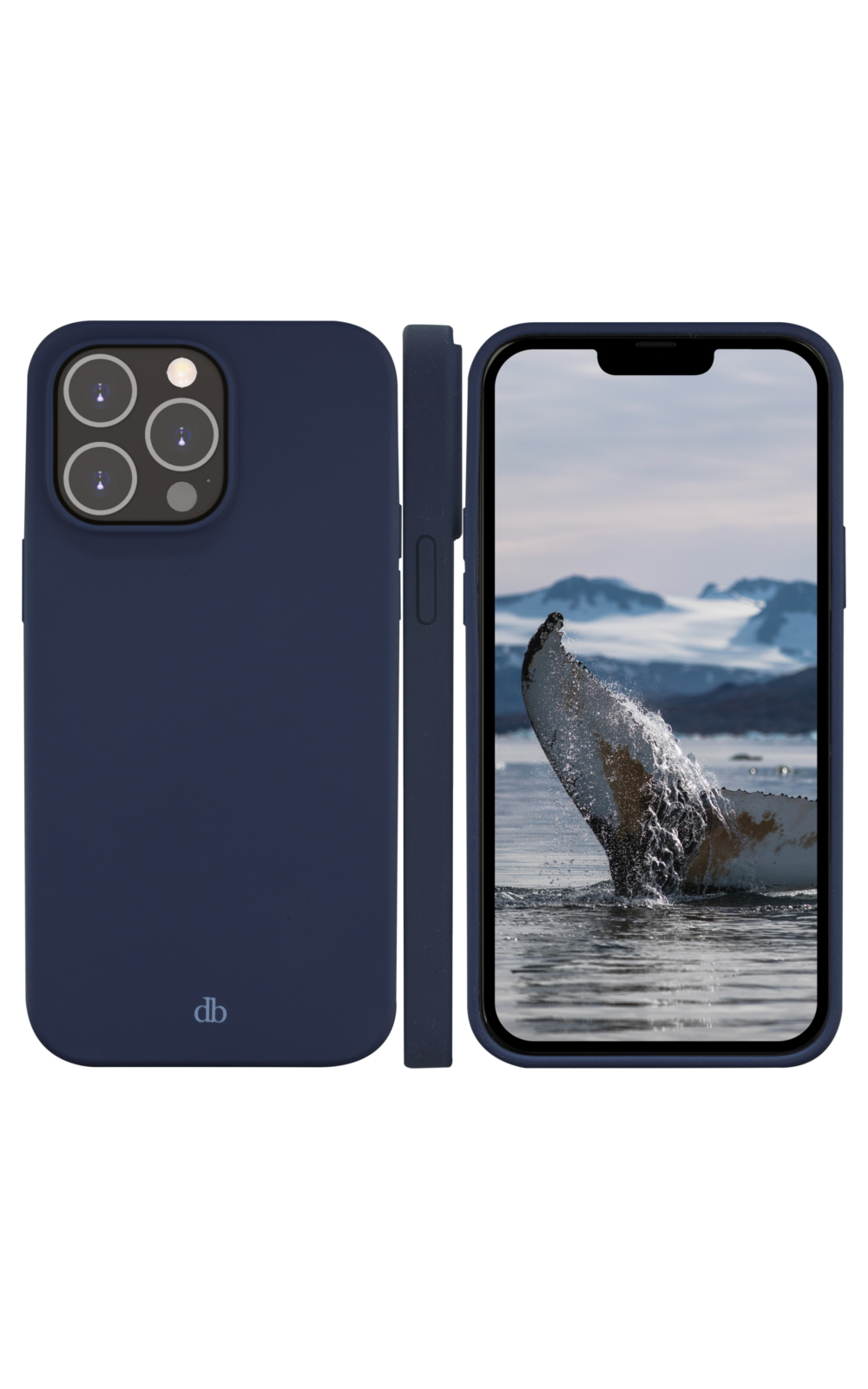Una custodia blu per telefono con un telefono che mostra la coda di una balena nell'acqua.
