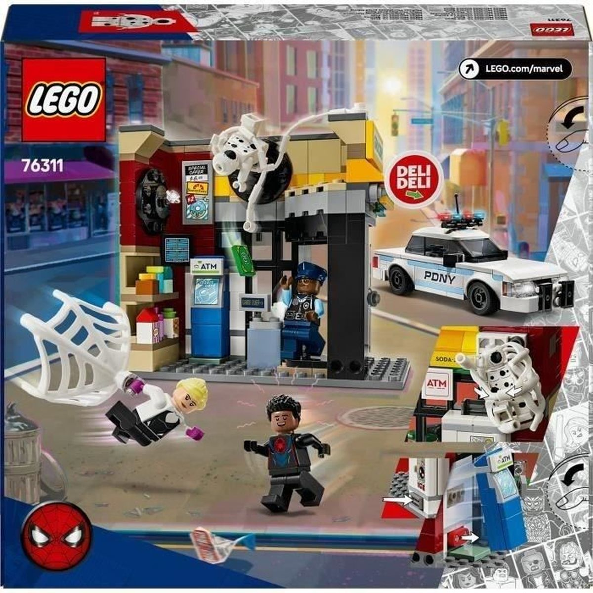 Zestaw Lego z Spider-Manem i innymi figurkami. Samochód policyjny, bankomat i delikatesy w scenie.