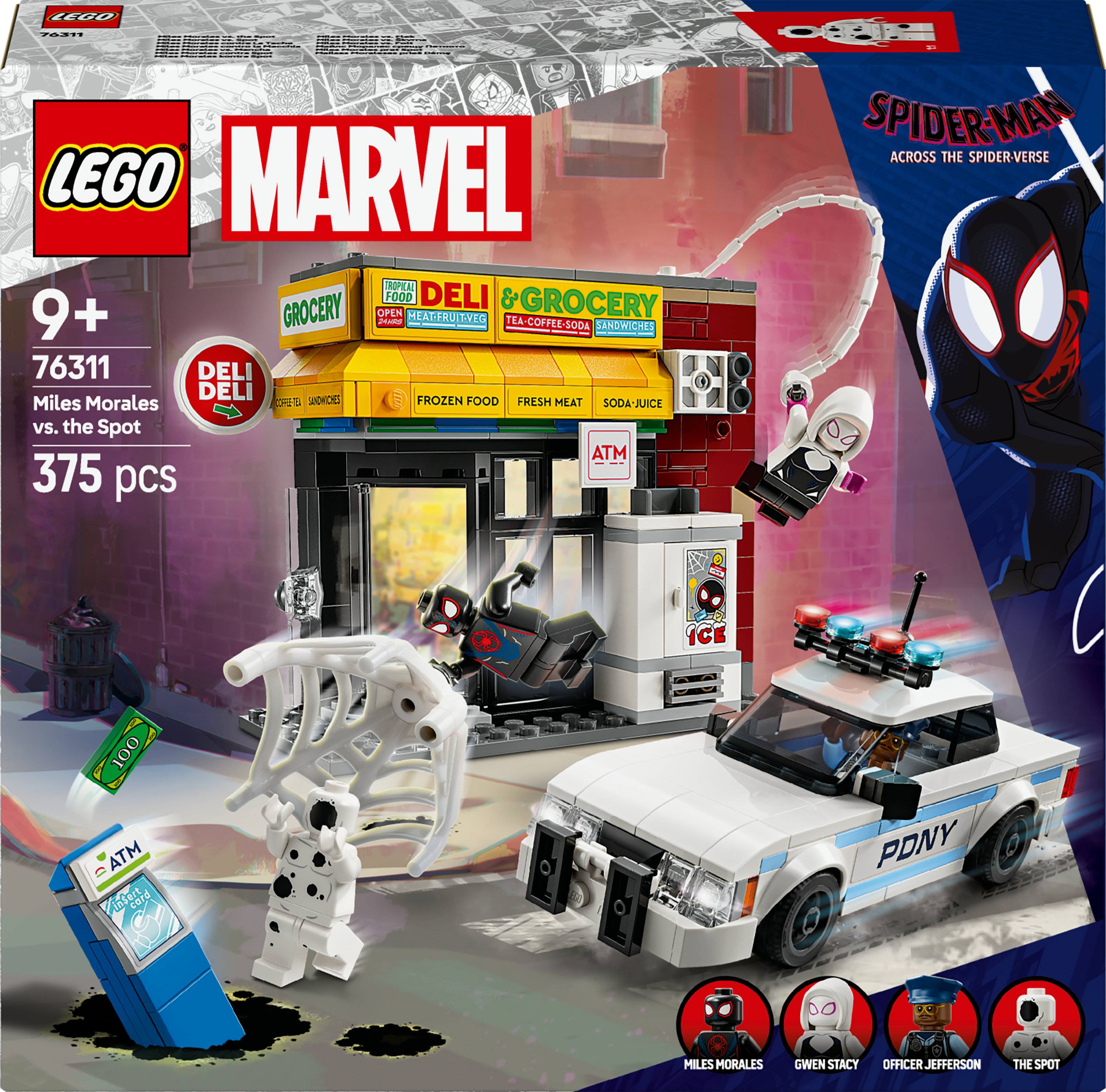 Set de Lego que representa una escena de Marvel con Spider-Man y un coche de policía. Una tienda de comestibles al fondo.