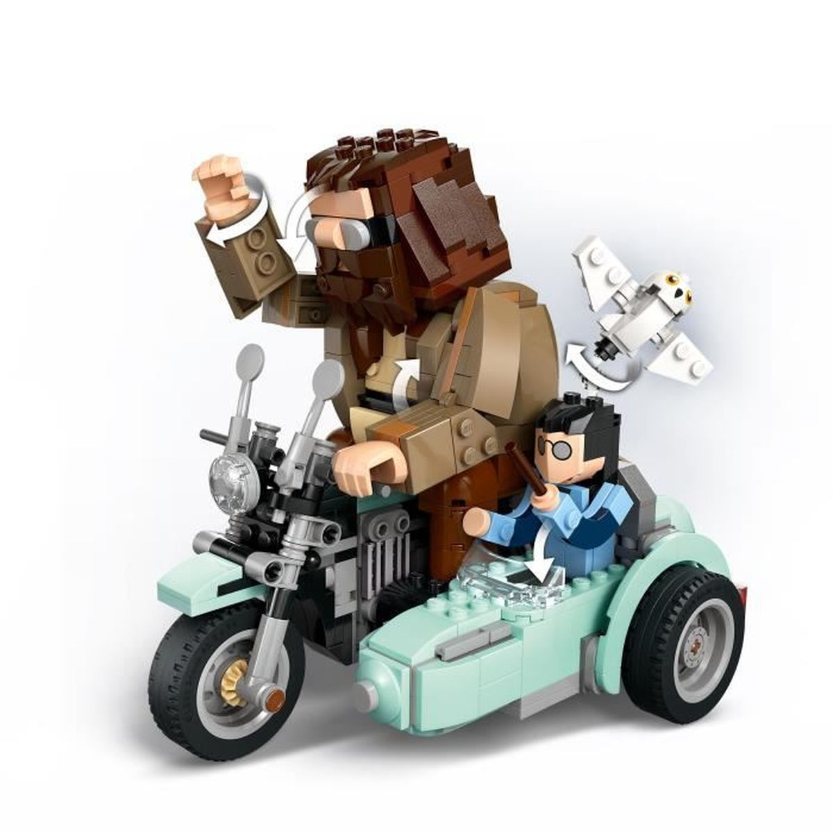 LEGO seti, bir motosiklet ve yan araba ile, bir büyük ayak ve bir adamın minifigürlerini içeriyor.