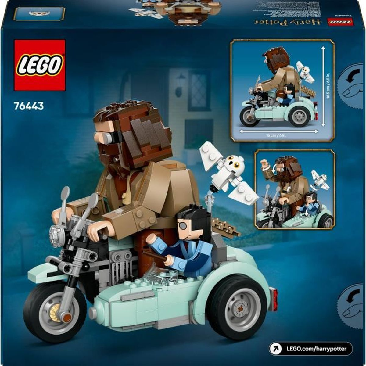 Lego Harry Potter seti kutusu. Set, Hagrid'i Harry Potter ile bir motosiklette gösteriyor.