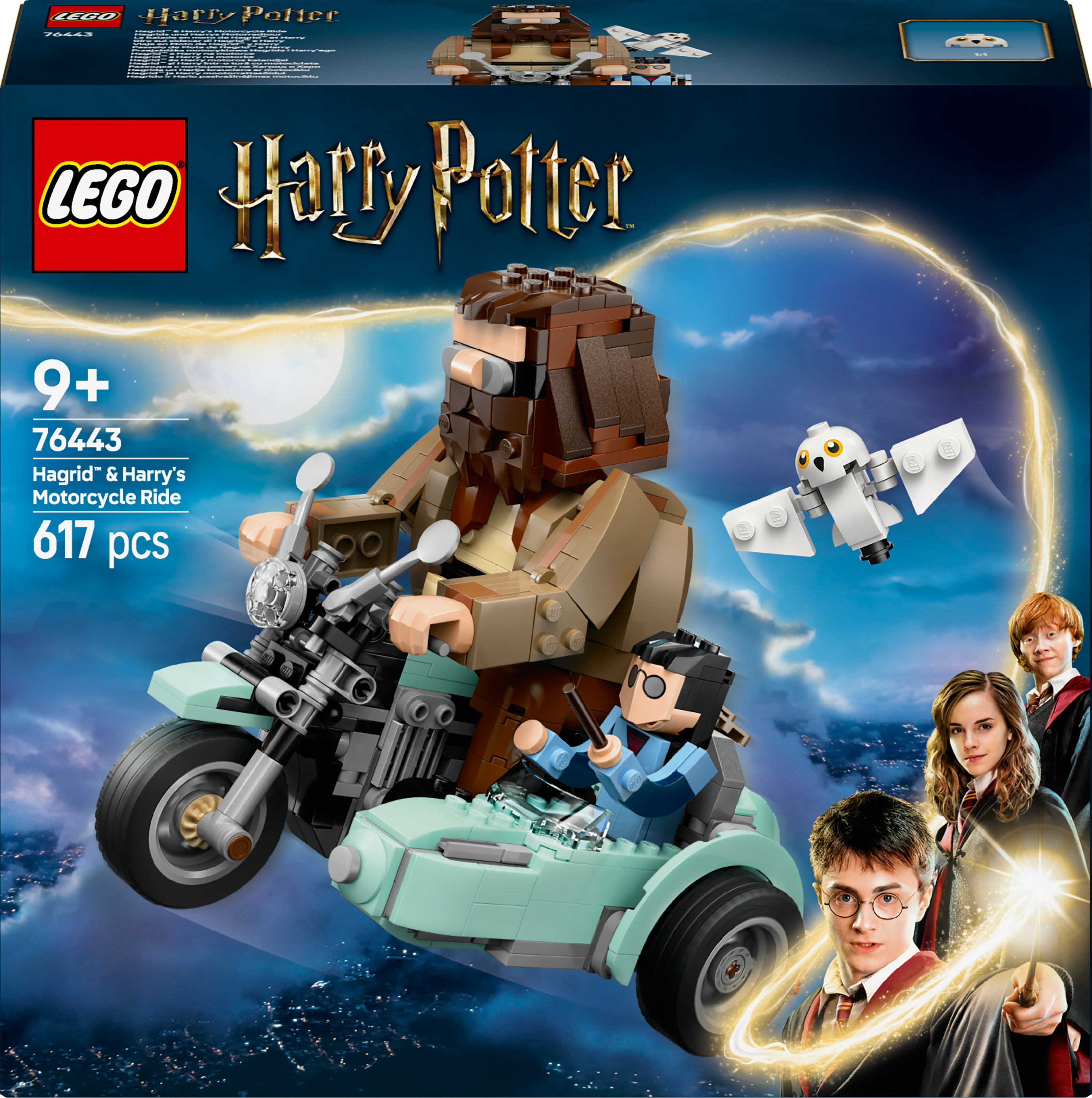 Set de Lego con Hagrid y Harry Potter en una moto con sidecar y un búho volador.