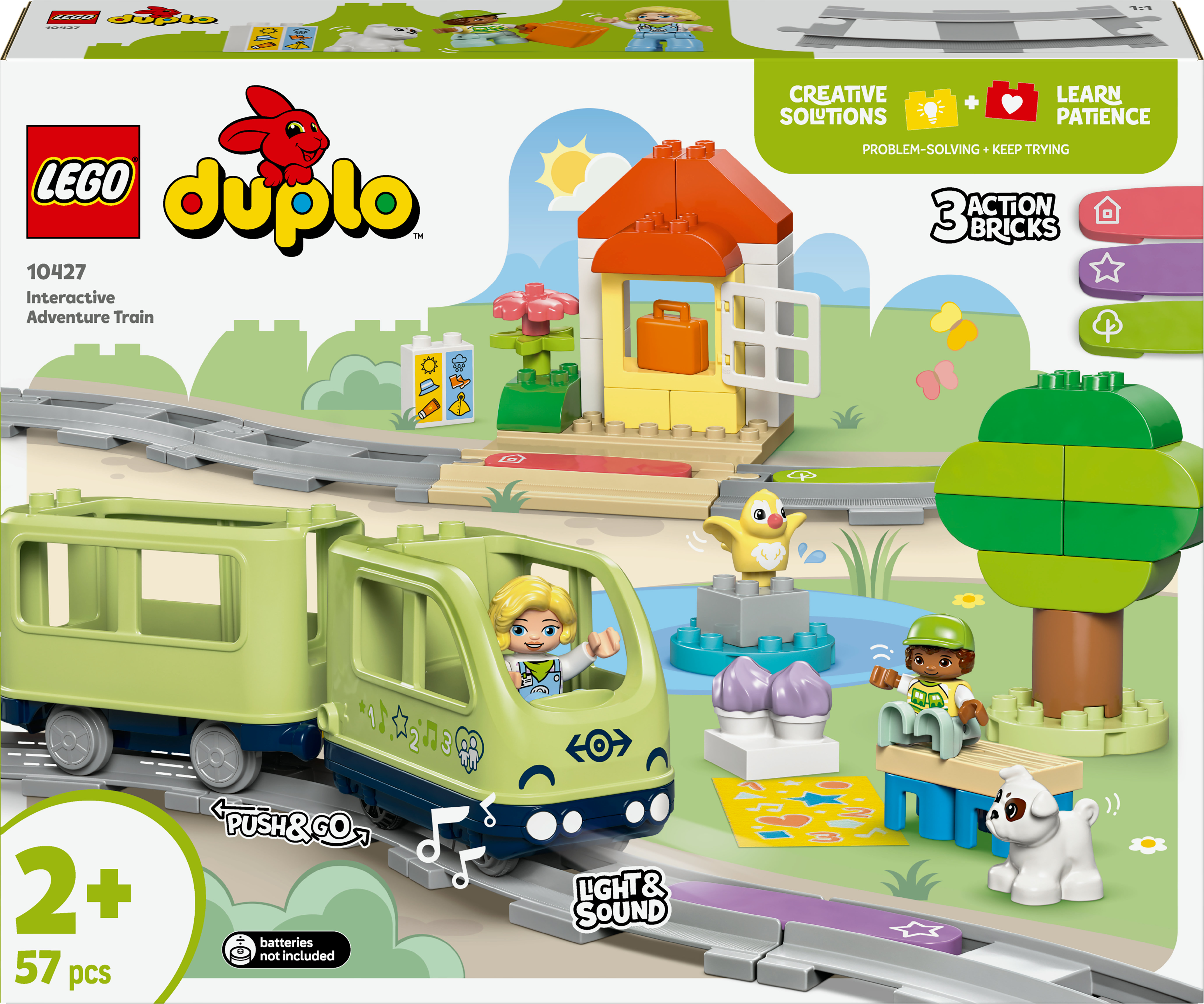 Set Lego Duplo con un tren y vías con varias figuras. También se incluye una casa y un árbol.