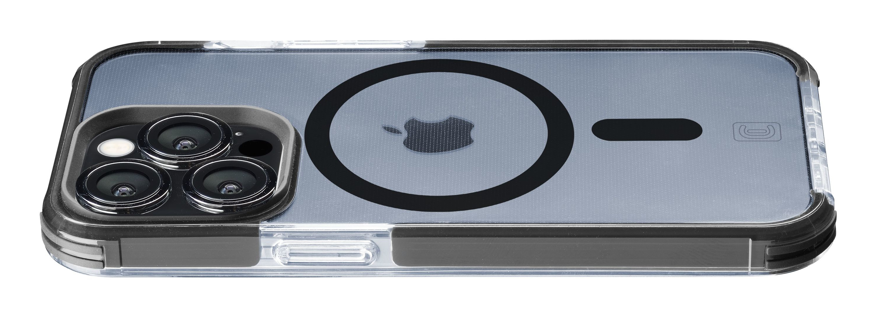 iPhone-Hülle, transparent mit schwarzem Rahmen und Apple-Logo, drei Kameras.