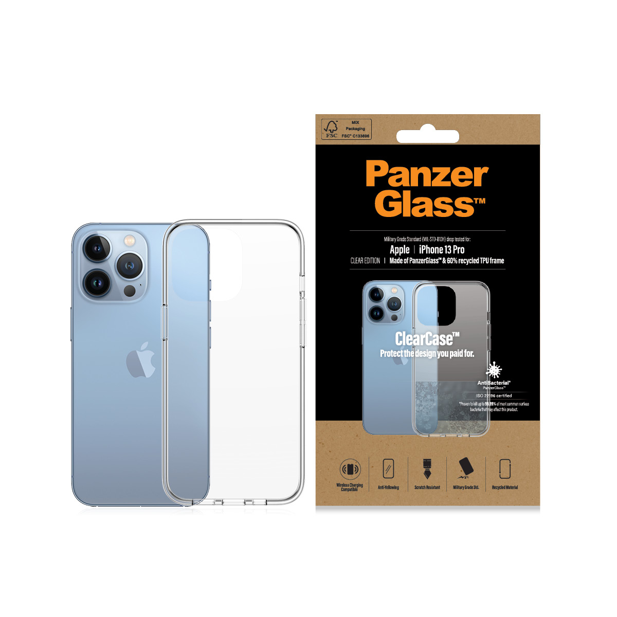 Custodia trasparente per iPhone 13 Pro accanto alla confezione. La custodia è trasparente e mostra il design.