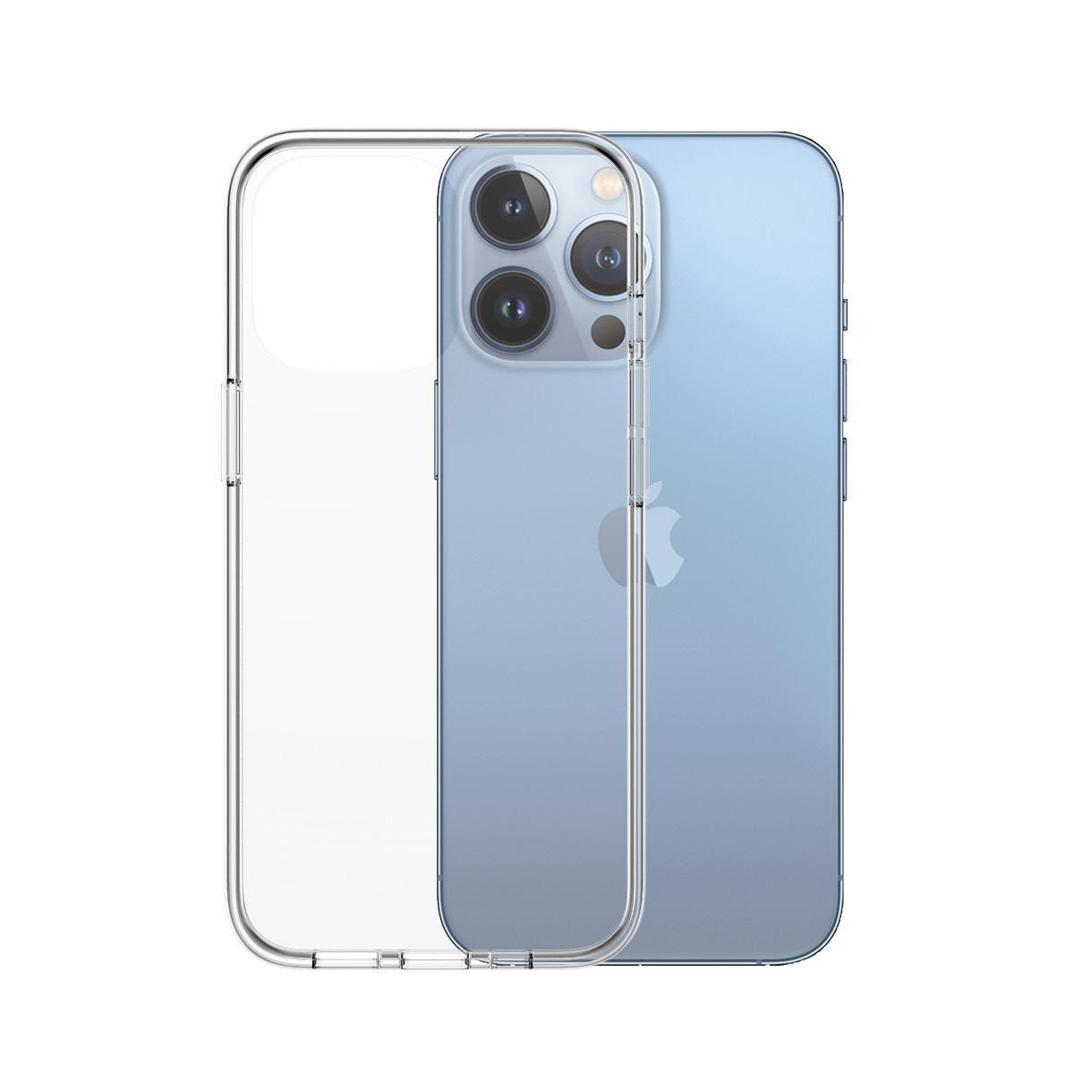 Custodia trasparente per telefono su un telefono azzurro. Obiettivi della fotocamera visibili.