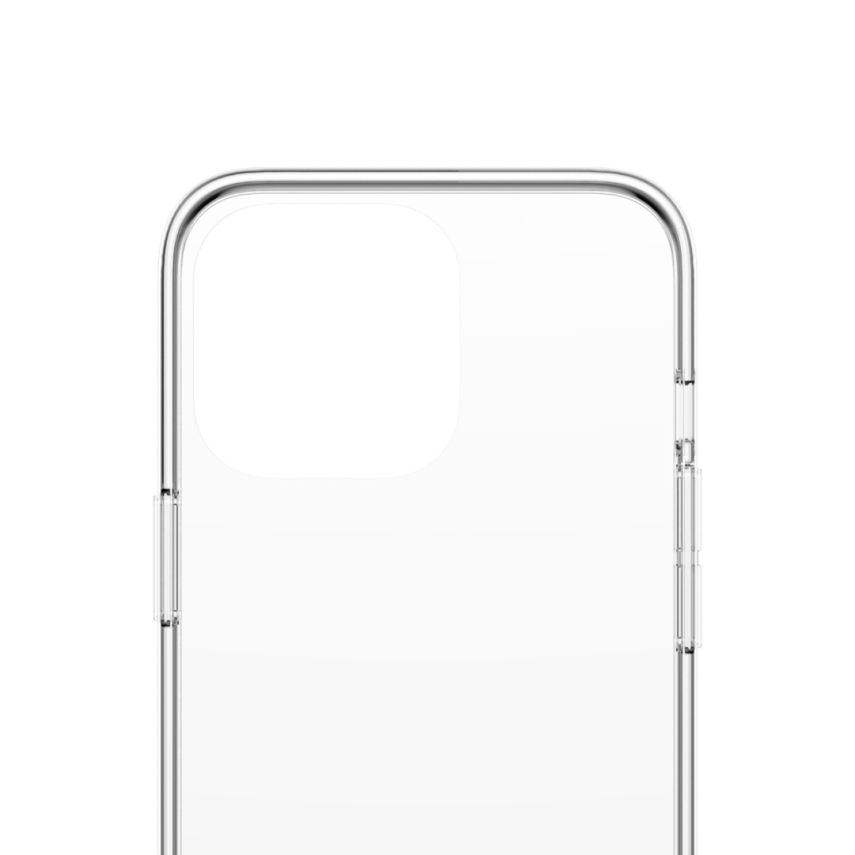 Custodia trasparente per telefono con apertura per la fotocamera. Ha un bordo argentato e un retro trasparente.