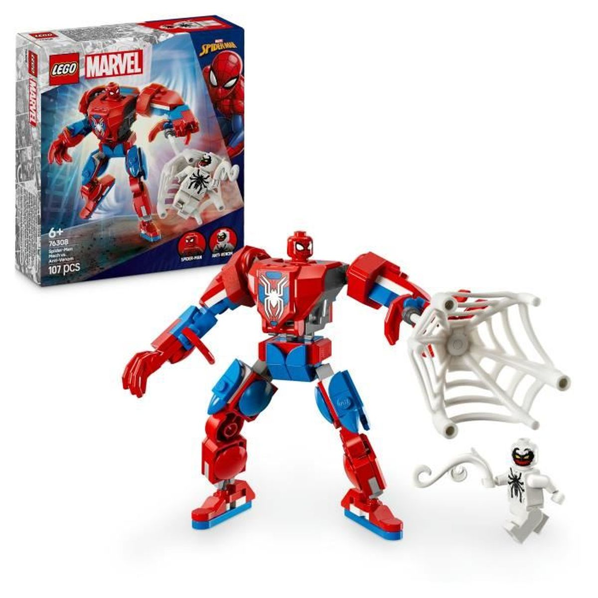 Zestaw LEGO Spider-Man mech. Zawiera Spider-Mana, Carnage'a i akcesorium z pajęczyną.