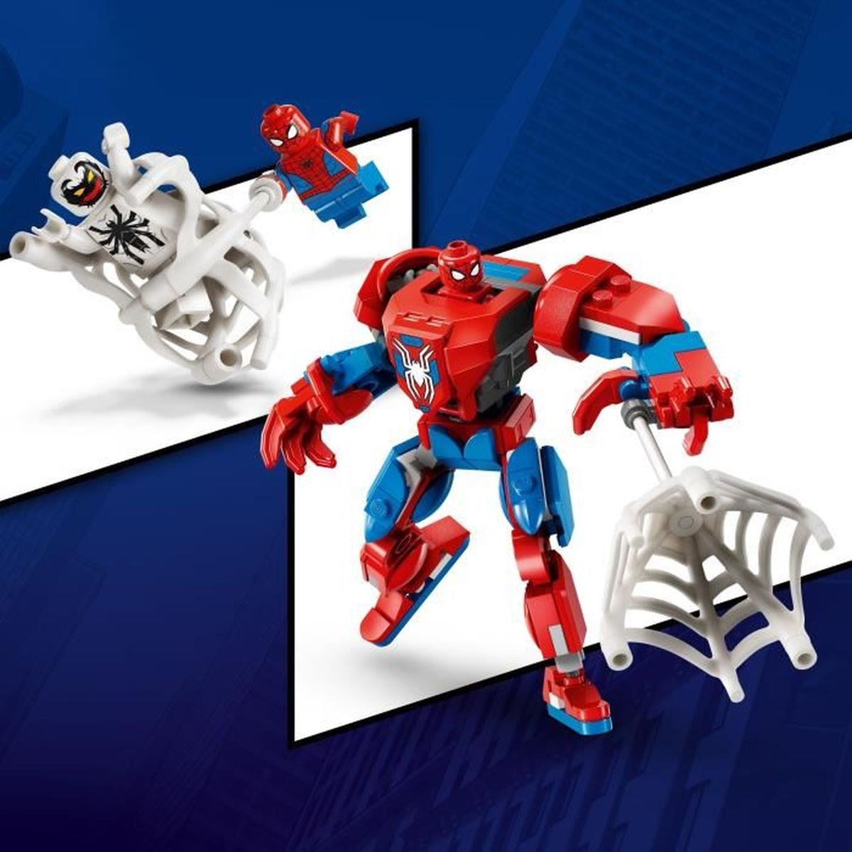 Zestaw Lego Spiderman z robotem, białym Venomem i figurką Spidermana.