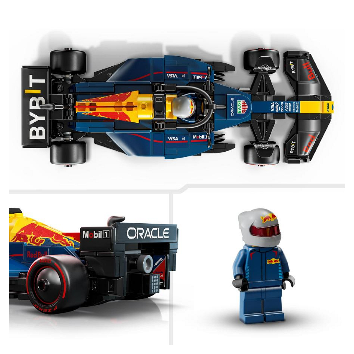 Zestaw Lego z samochodem wyścigowym, z figurką kierowcy i szczegółowym widokiem z góry.