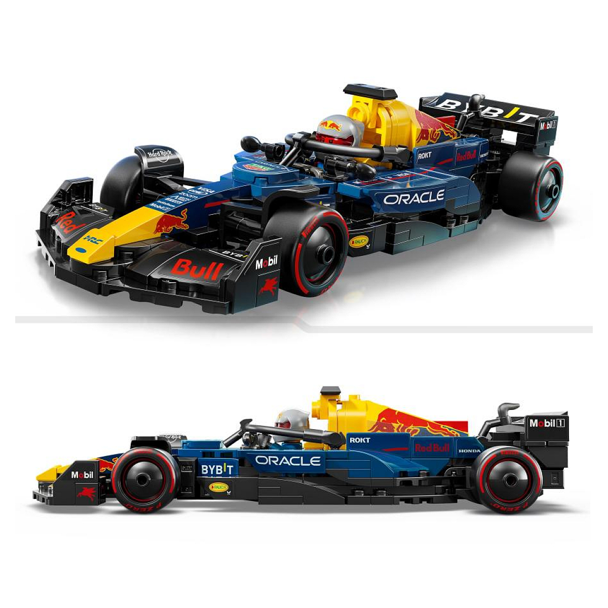 Dwa samochody wyścigowe Lego. Jeden jest czerwono-niebieski, drugi niebiesko-żółty.