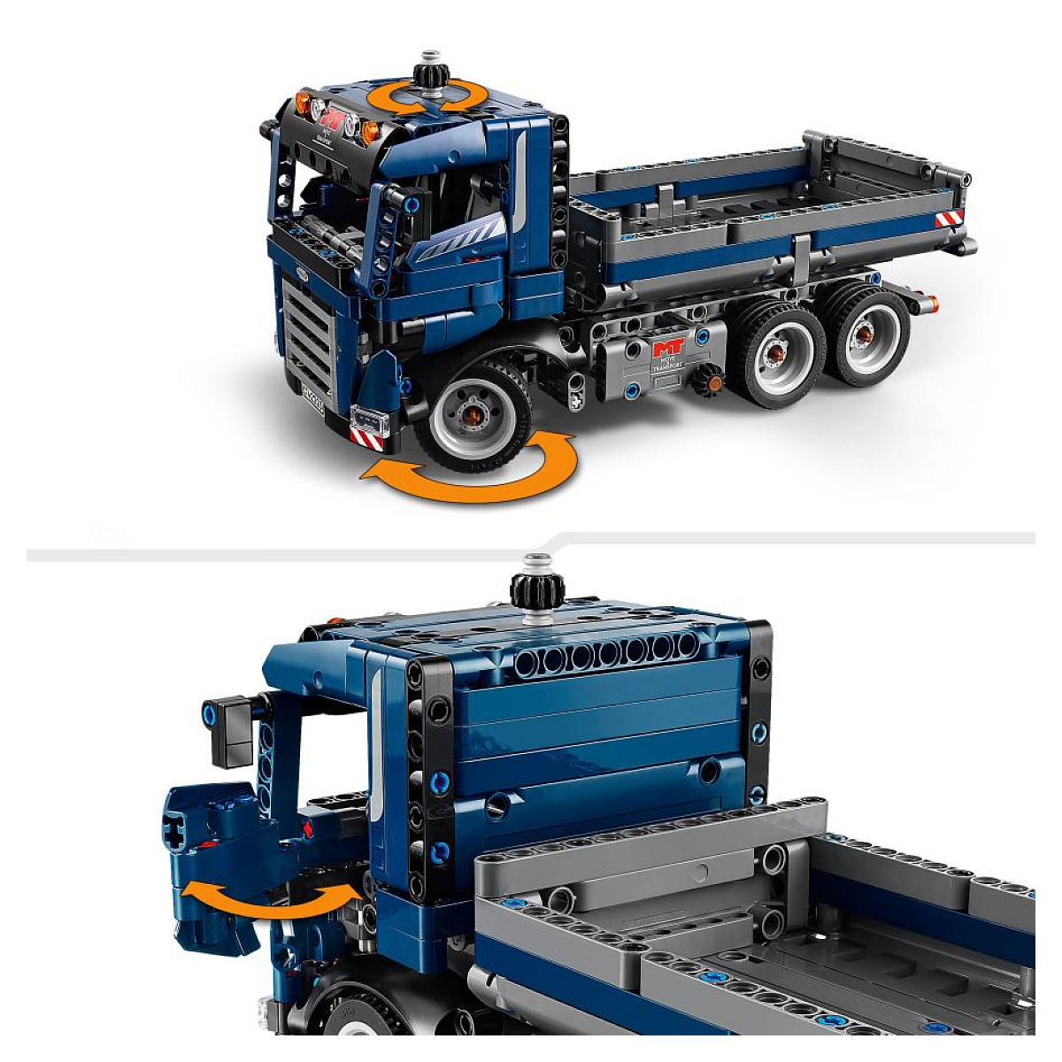 Dönen tekerlek ve eğilebilir yatak detaylarına sahip mavi bir Lego kamyon, iki açıdan gösteriliyor.