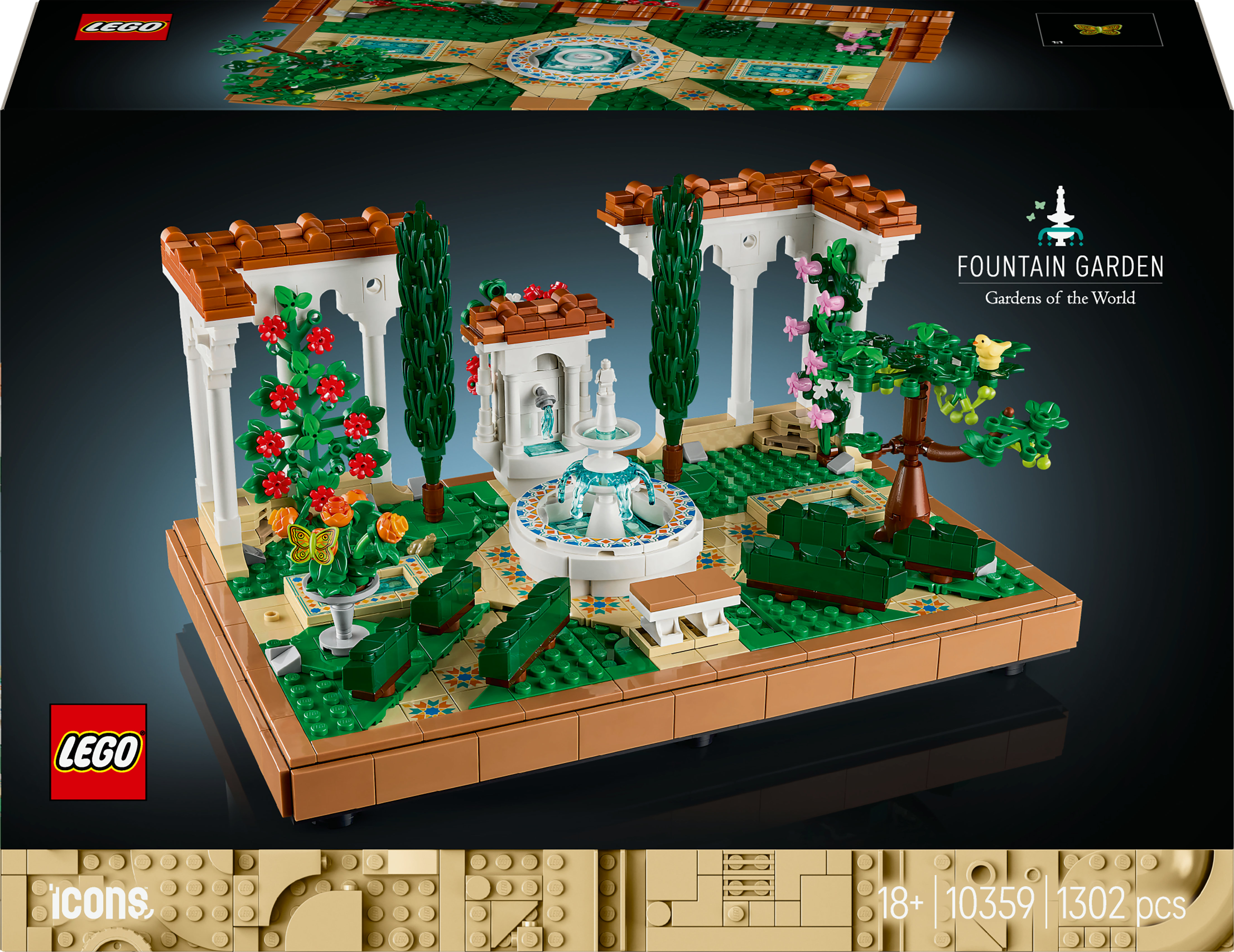Un set de Lego que representa un jardín con fuentes, con estructuras blancas, plantas verdes y una fuente central.
