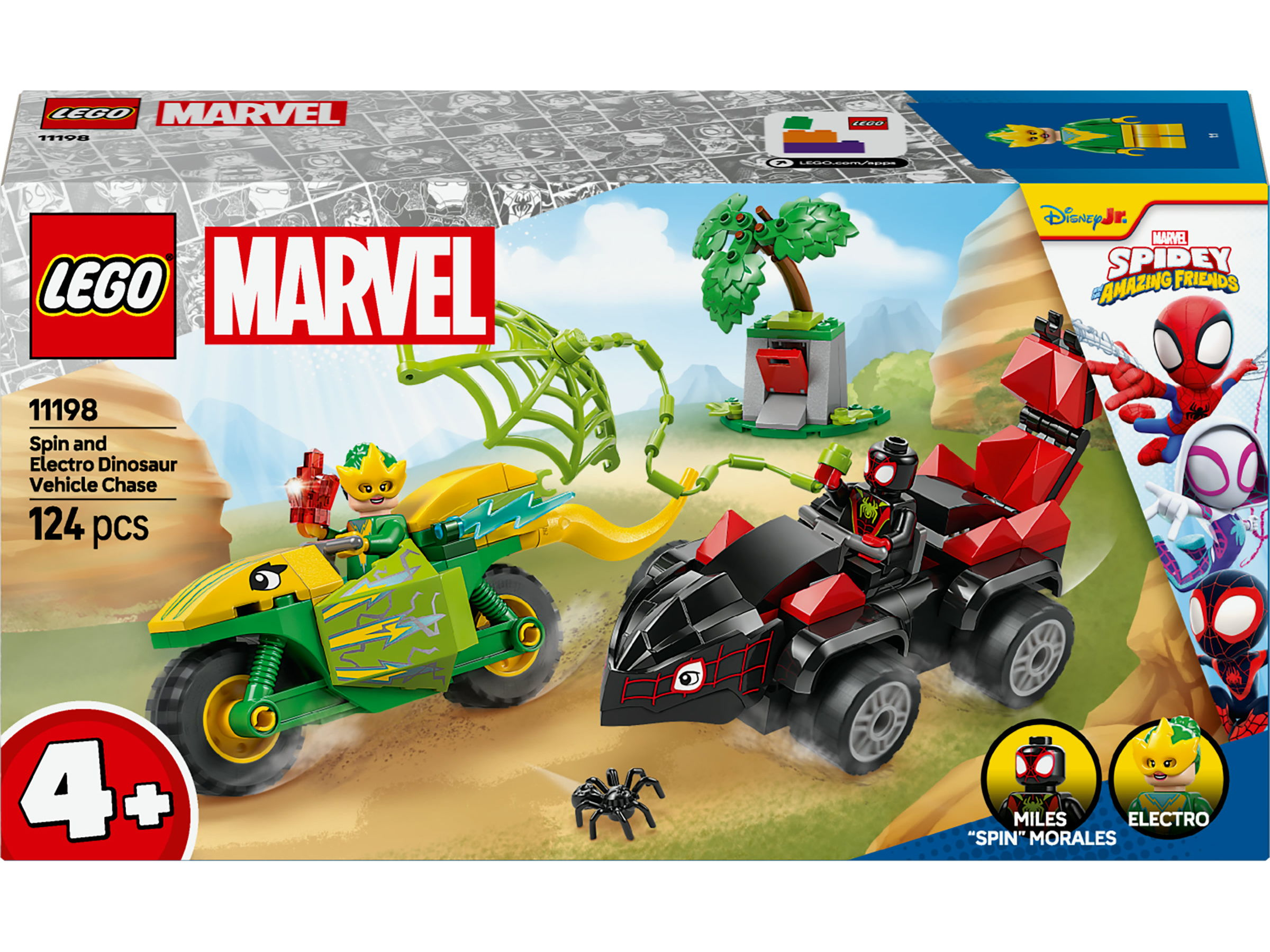Zestaw LEGO Marvel z zielono-żółtym motocyklem i czerwonym pojazdem. W zestawie dwie minifigurki.
