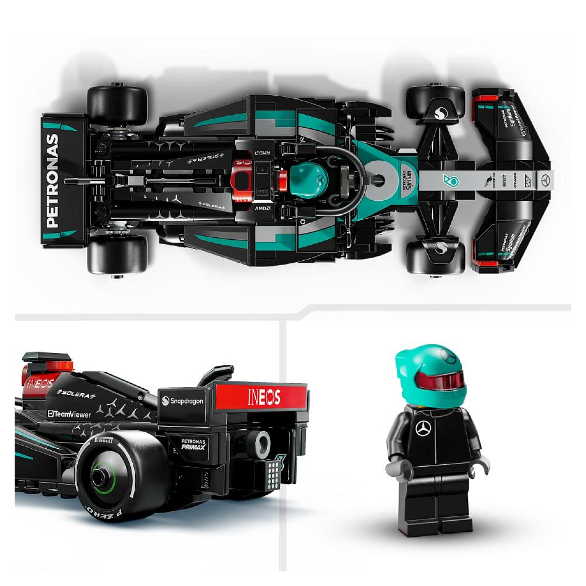 Model samochodu wyścigowego Lego F1. Wyświetlony jest widok z góry i z boku. Dołączona jest figurka Lego.