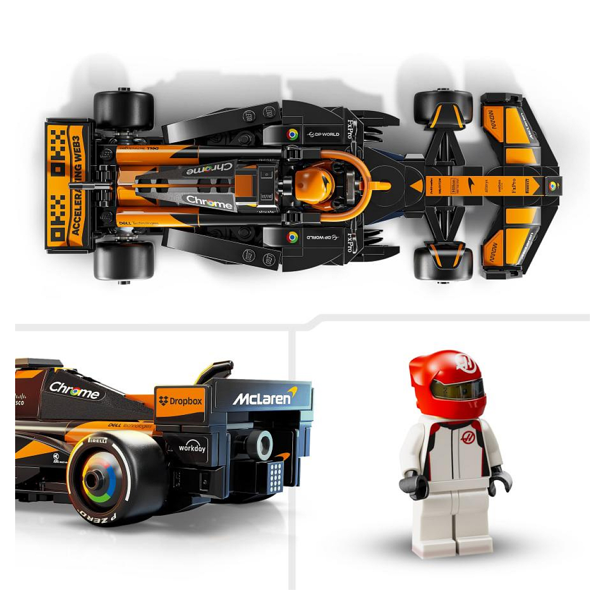 Model samochodu Lego McLaren F1, widok z góry, ze szczegółami samochodu i minifigurką kierowcy.