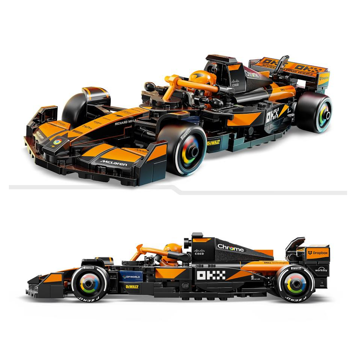Dwa zdjęcia samochodu wyścigowego Lego w kolorze czarno-pomarańczowym, z logo sponsorów.