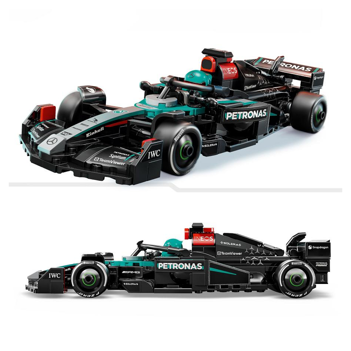 Pokazano dwa samochody Lego F1; jeden z góry, a drugi z boku. Tło jest białe.