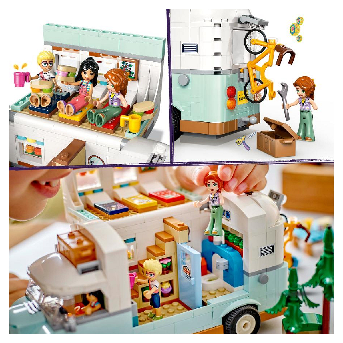 Wiele widoków zestawu kampera Lego Friends, pokazujących figurki wchodzące w interakcje wewnątrz i na zewnątrz pojazdu.
