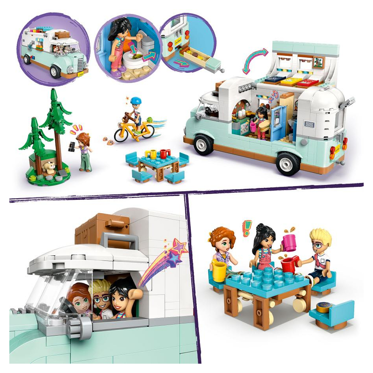 Zestaw Lego Friends przedstawia kampera, dziewczynę na rowerze i różne sceny. Tło jest białe.