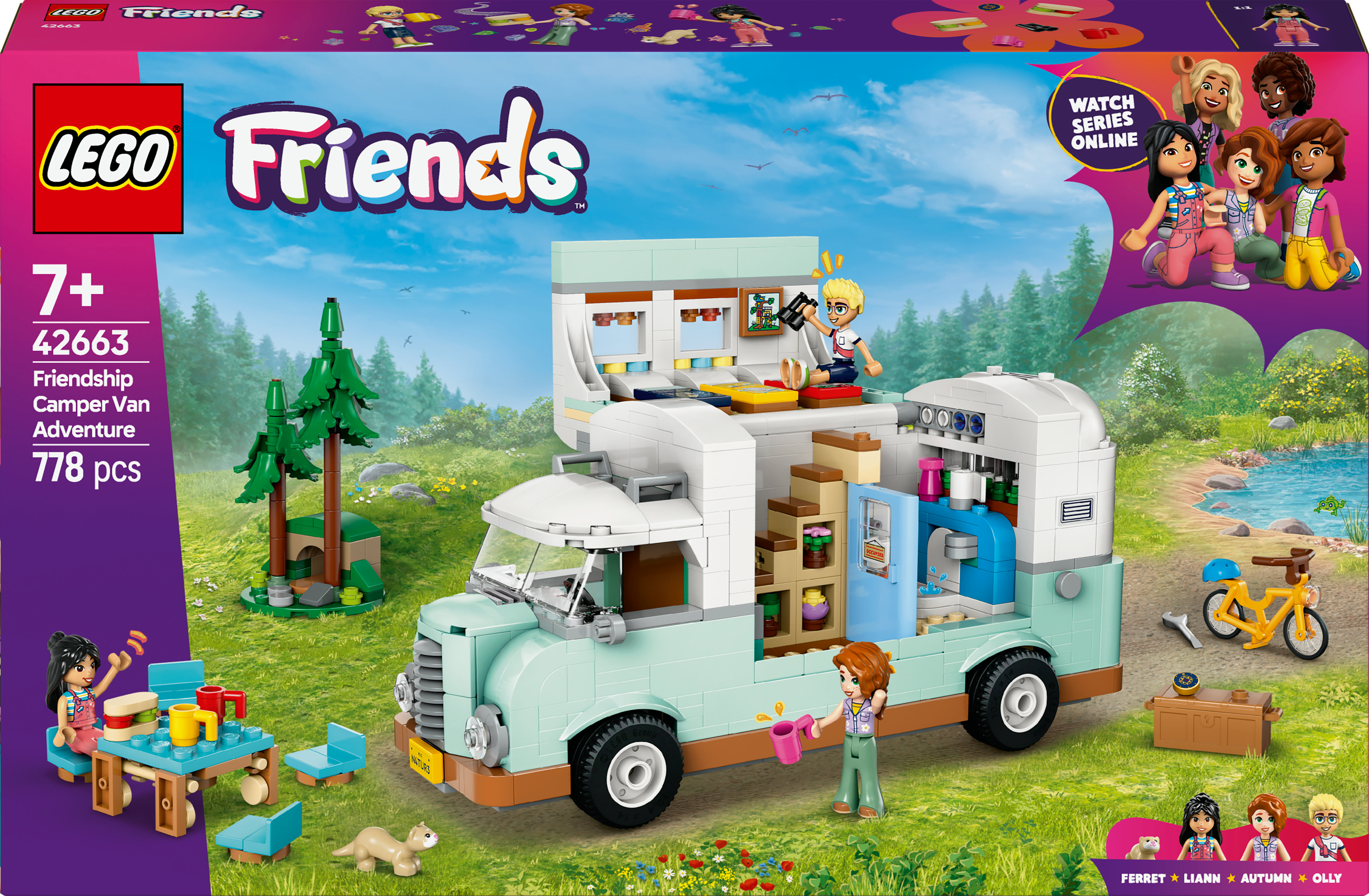 Una caja de Lego Friends Camper Van con una furgoneta azul y blanca, figuras y accesorios.