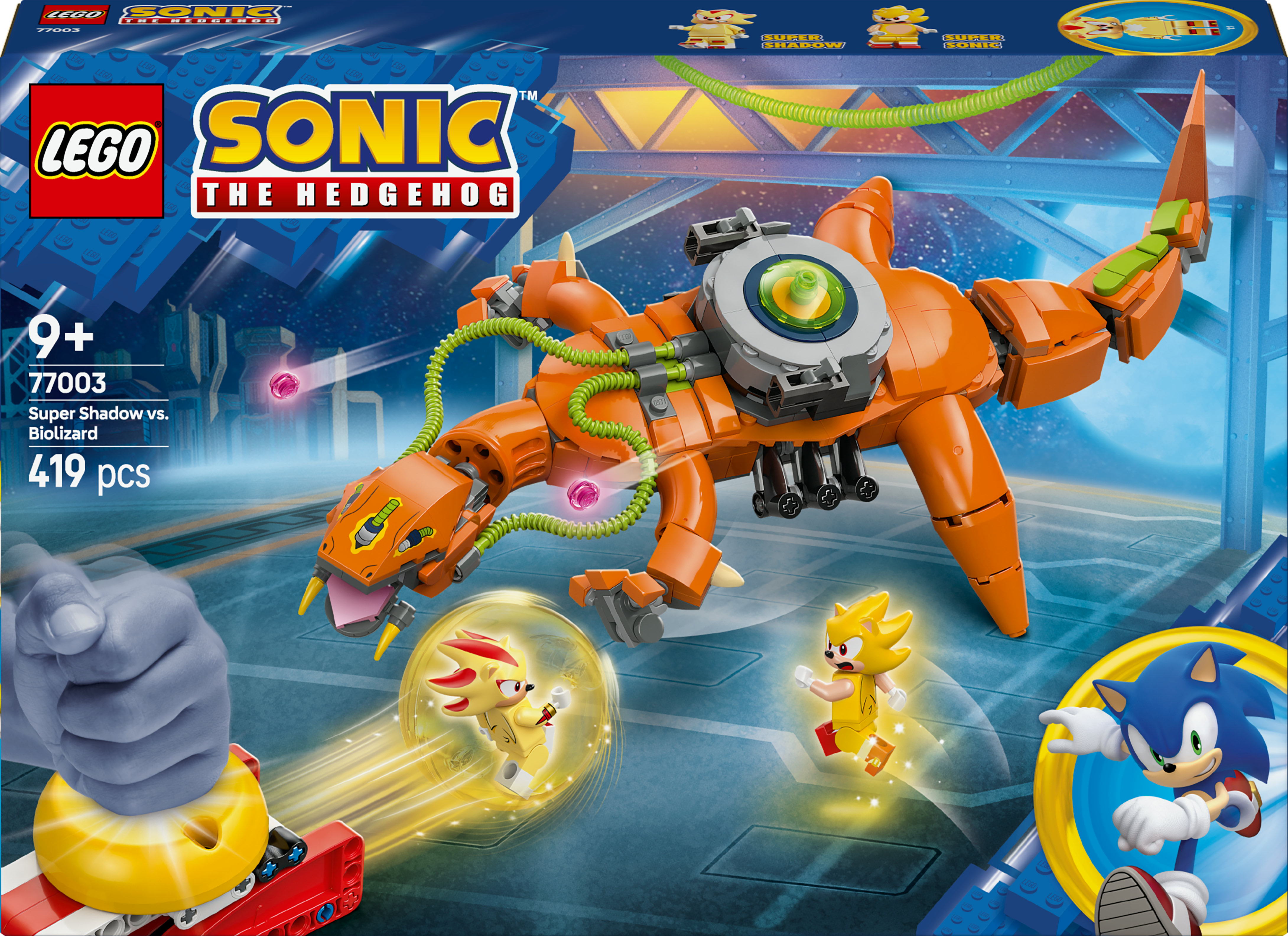 La caja de Lego muestra el set de Sonic the Hedgehog. Incluye un gran monstruo naranja y dos minifiguras.