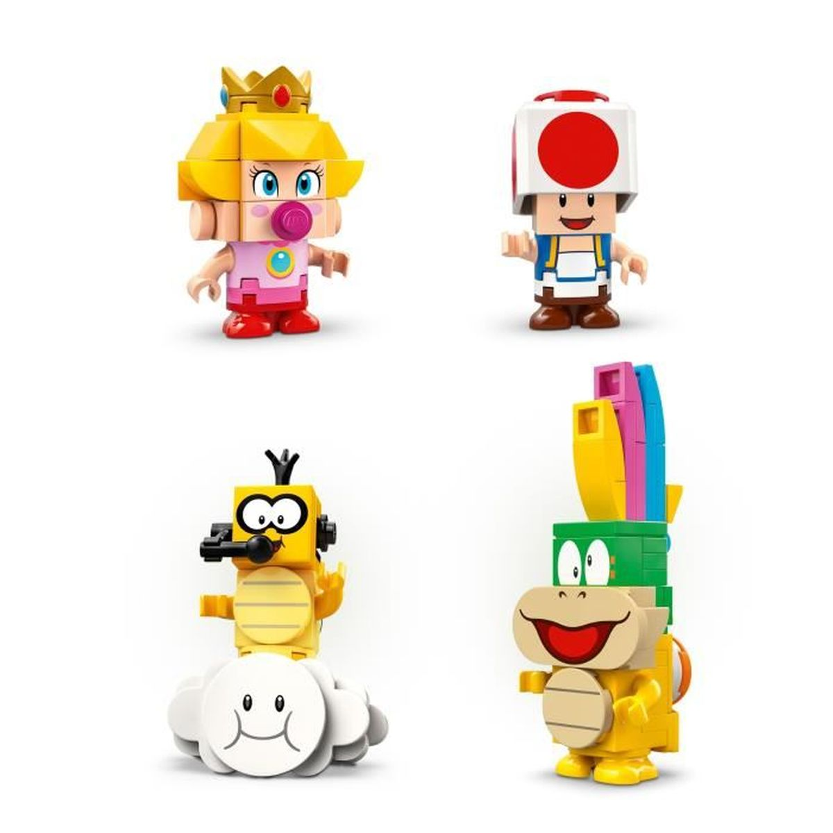 Vier LEGO-figuren: Prinses Peach, Toad, een gele zeepaardje en een groene Koopa Troopa, op een witte achtergrond.