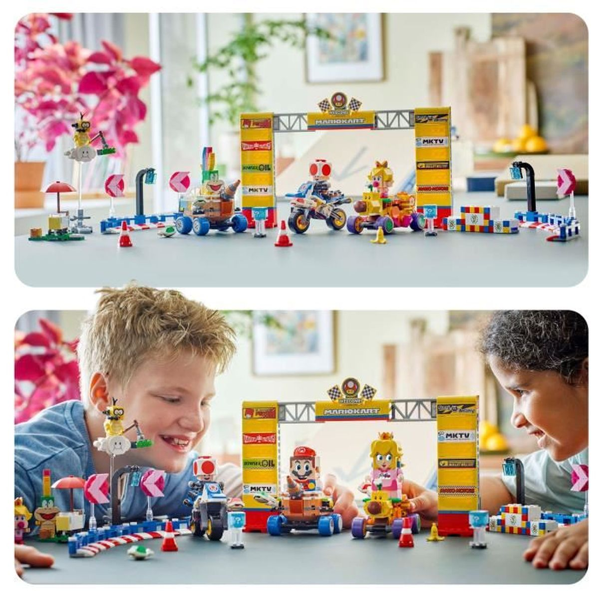 Twee Lego Mario Kart-scènes met personages die racen, en kinderen die met dezelfde sets spelen.