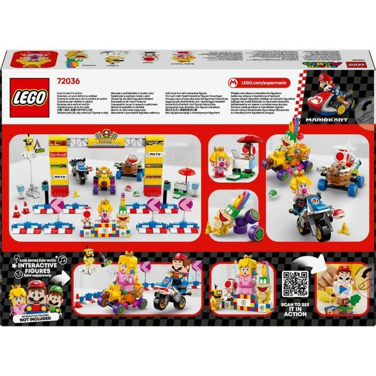 LEGO Mario Kart setdoos toont Mario, kart en andere figuren op een racebaan. De achtergrond is wit.