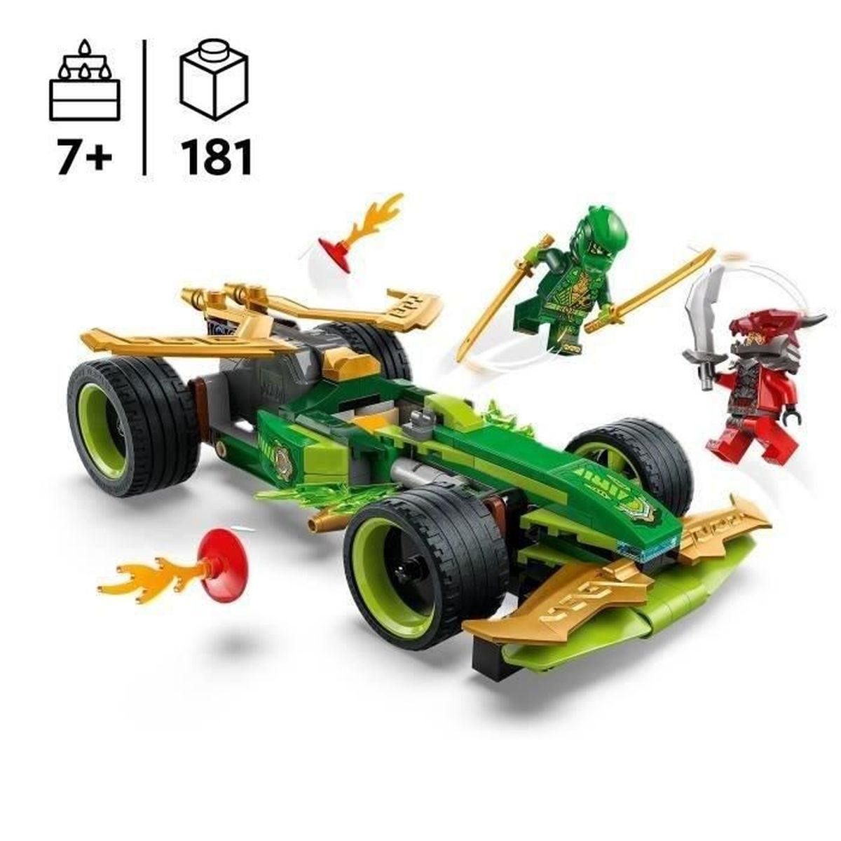 Zestaw Lego Ninjago. Zielono-złoty samochód wyścigowy i dwie minifigurki na białym tle.