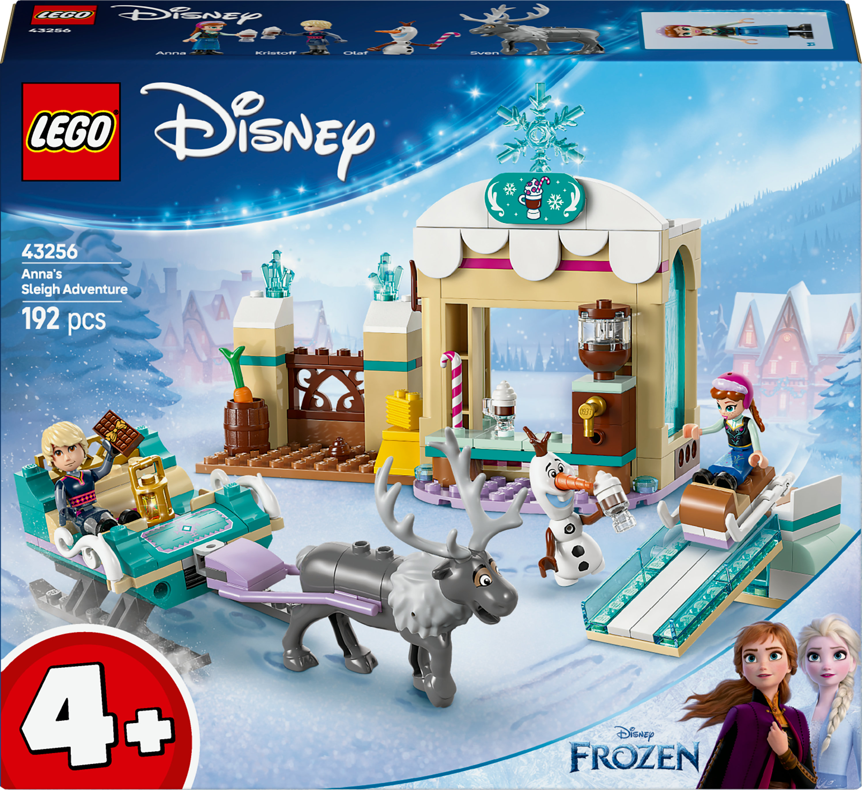 Set de Lego con Anna, Olaf y Sven. Una escena invernal con un edificio y un trineo.