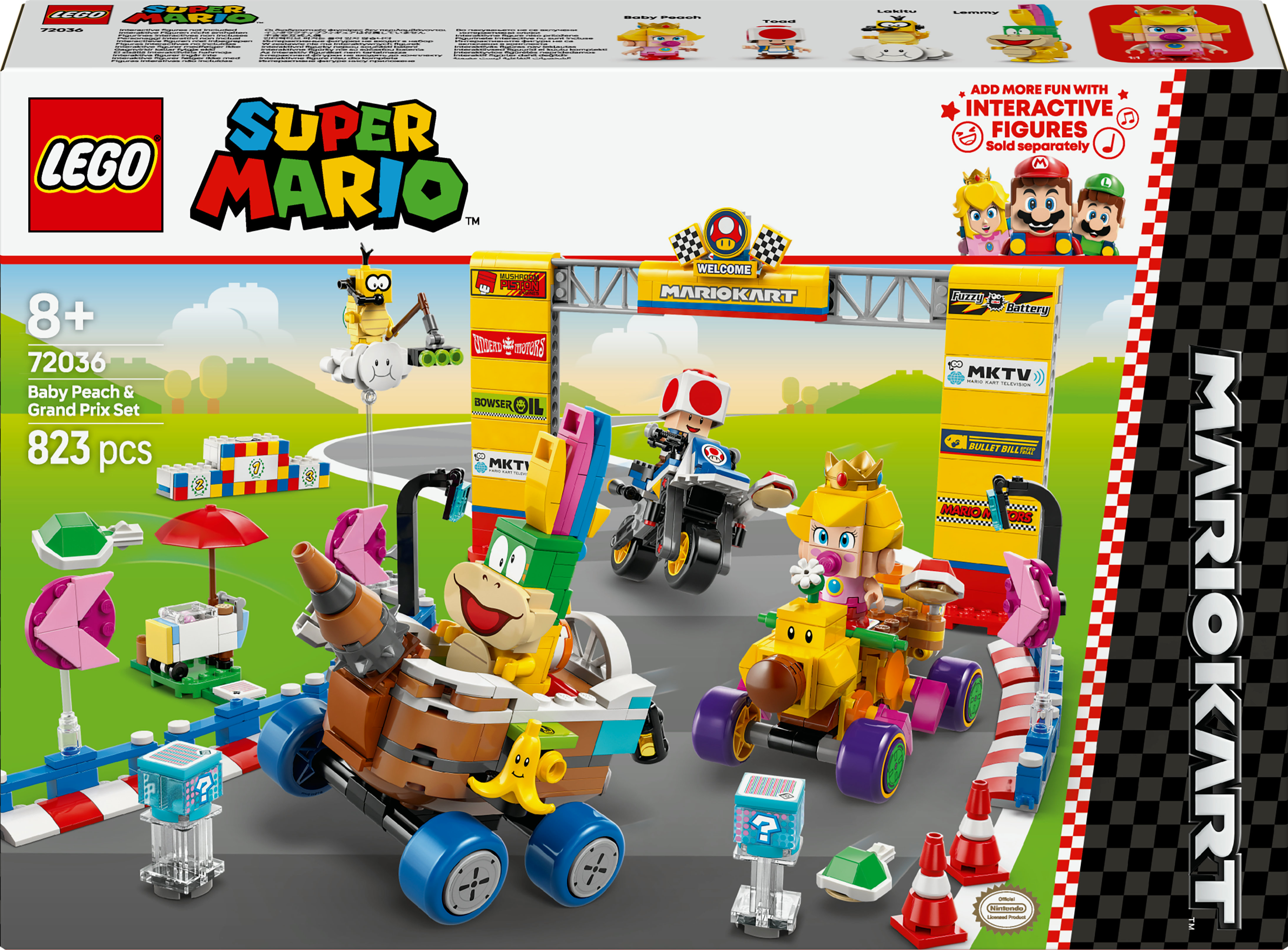 Set de Lego Mario Kart. Incluye personajes de Mario compitiendo en vehículos con una meta.