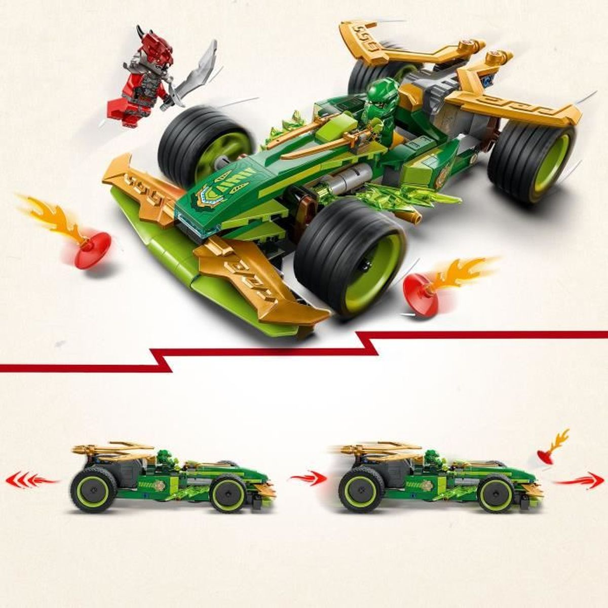 Zestaw samochodów wyścigowych Lego Ninjago w kolorach zieleni i złota, z minifigurką.