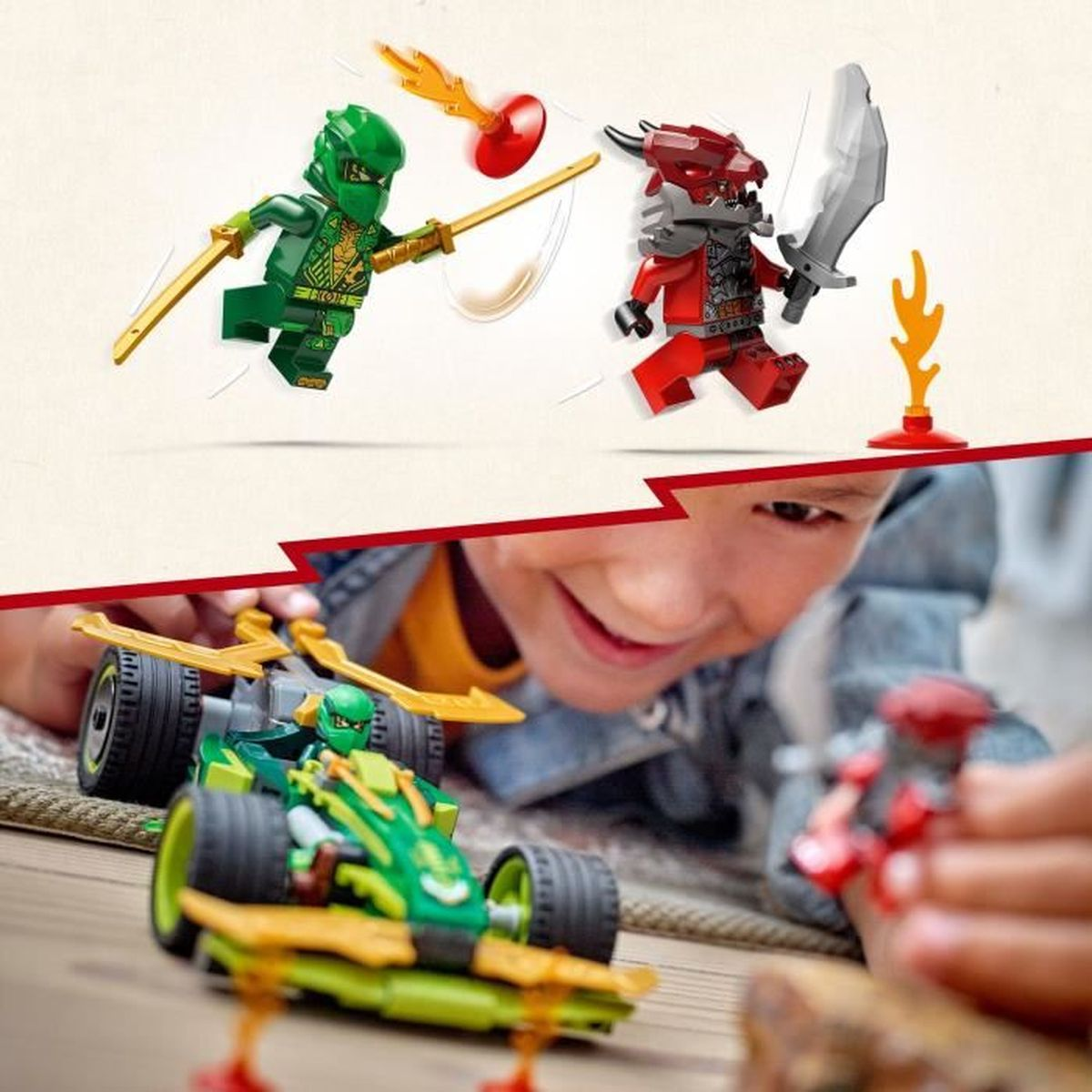 Chłopiec bawi się samochodzikiem Lego i dwiema figurkami. Widoczny jest również zielony samochód.