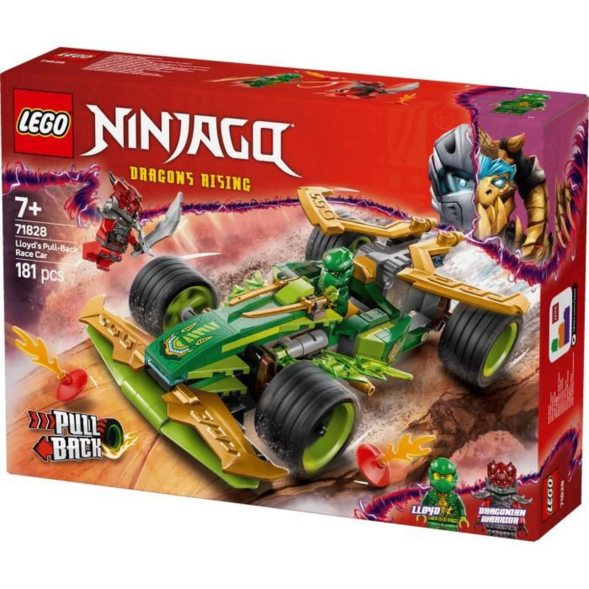 Zestaw Lego Ninjago. Pokazuje zielony samochód wyścigowy i figurki z napisem 'Dragons Rising'.