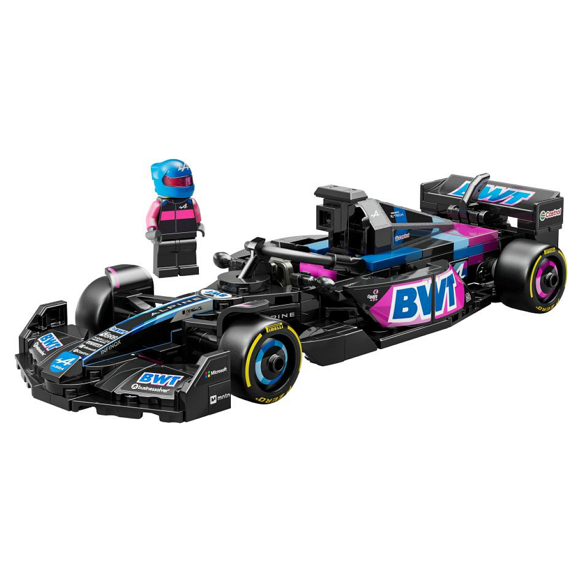 Czarny samochód F1 Lego z niebieskimi i różowymi akcentami. Zawiera minifigurkę z kaskiem.
