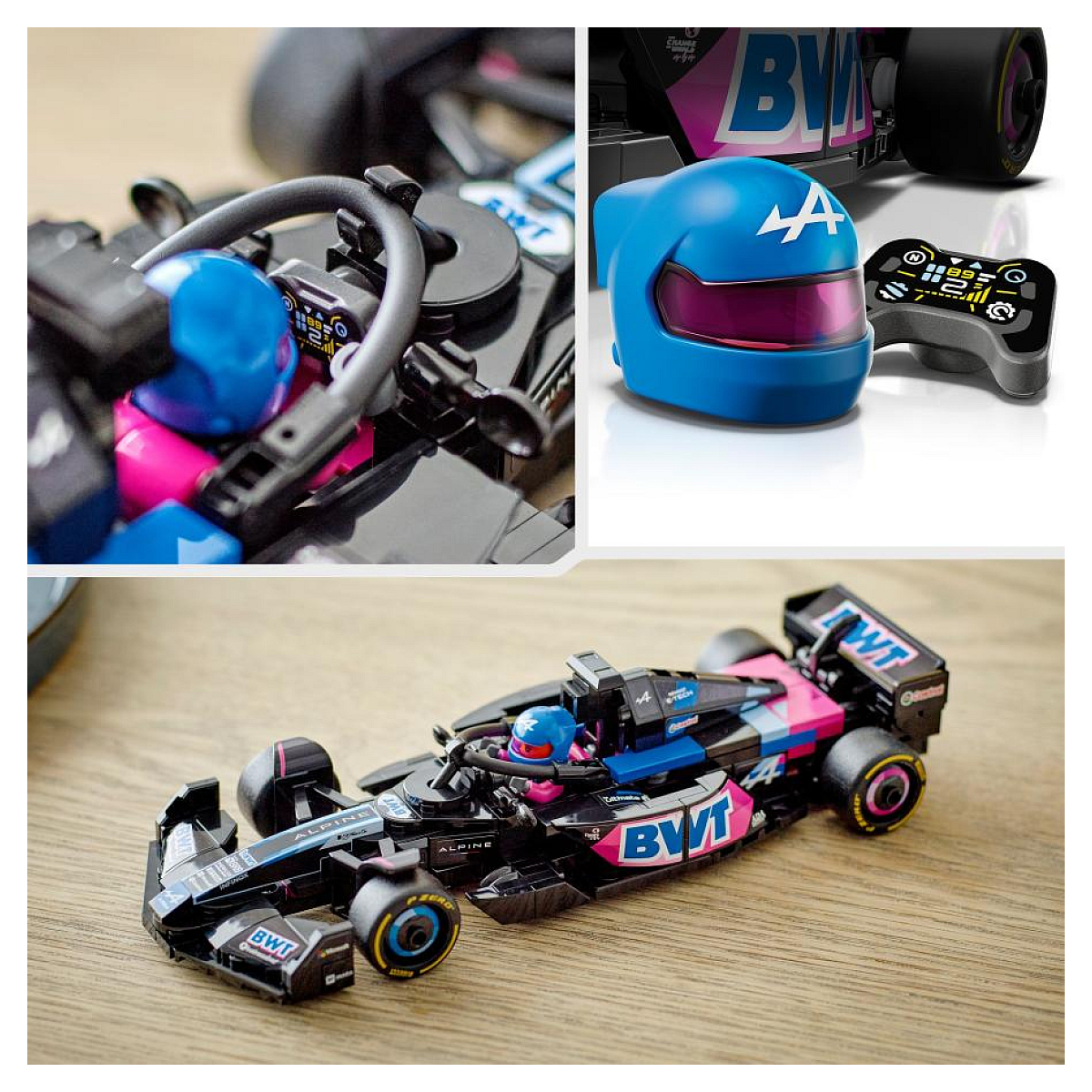 Samochód F1 Lego z kierowcą, kaskiem i pilotem, pokazujący szczegóły.