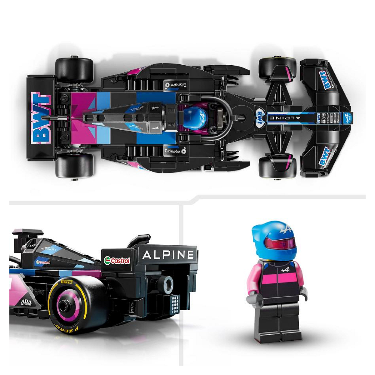 Samochód wyścigowy Formuły 1 Lego z figurką Lego. Samochód jest czarny i ma różowe i niebieskie akcenty.