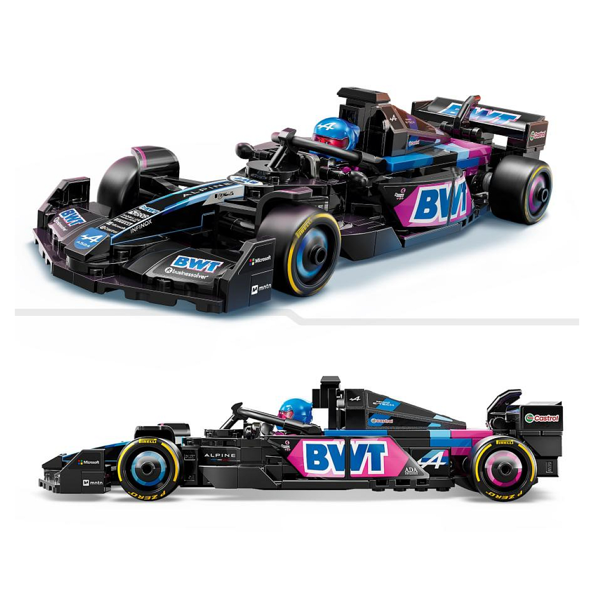 Samochód wyścigowy Lego F1 w kolorach czarnym, niebieskim i różowym, z figurką kierowcy w środku.