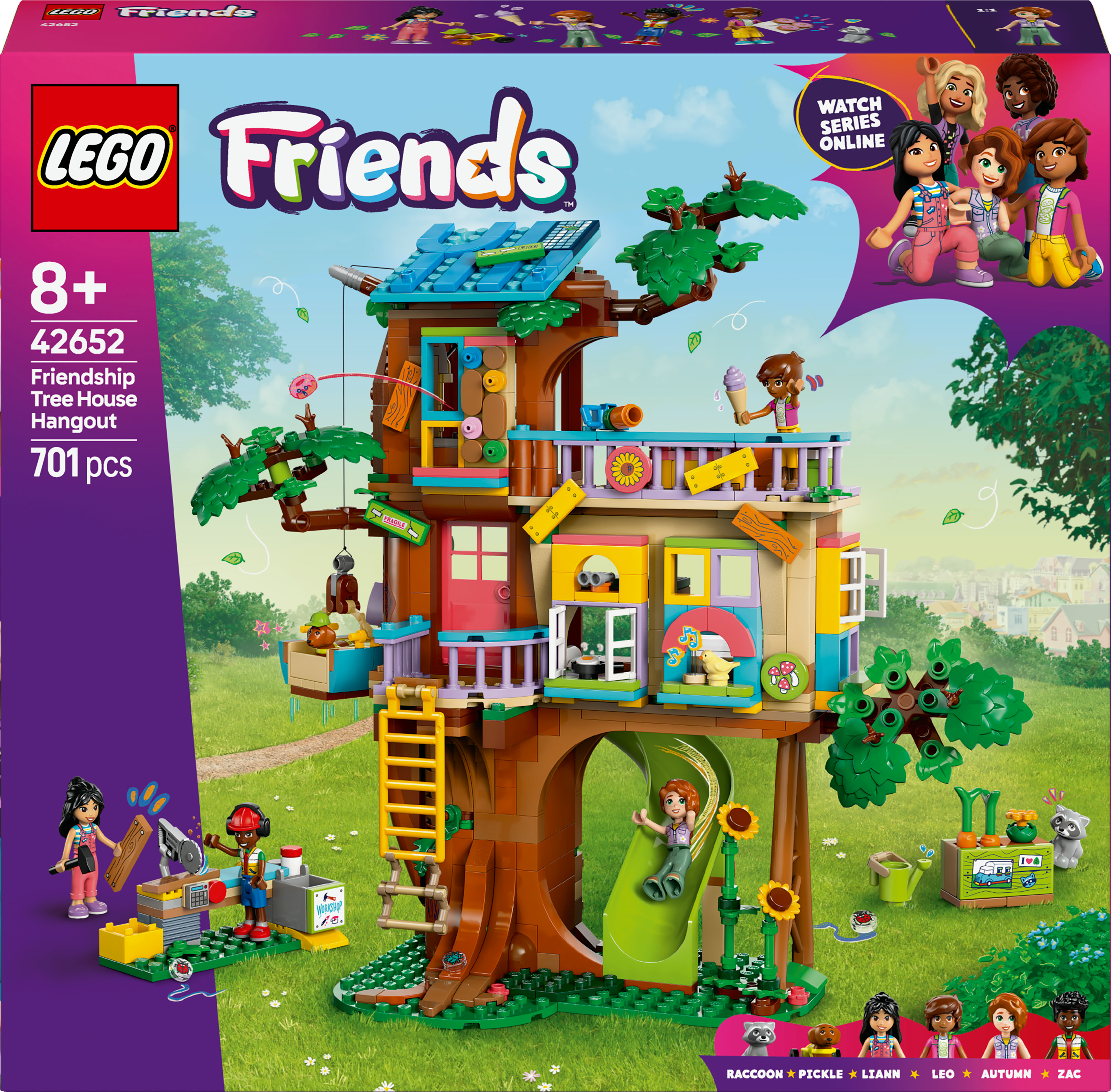 Set de la casa del árbol de Lego Friends. La caja muestra el set, incluyendo una casa en el árbol con múltiples niveles y figuras.