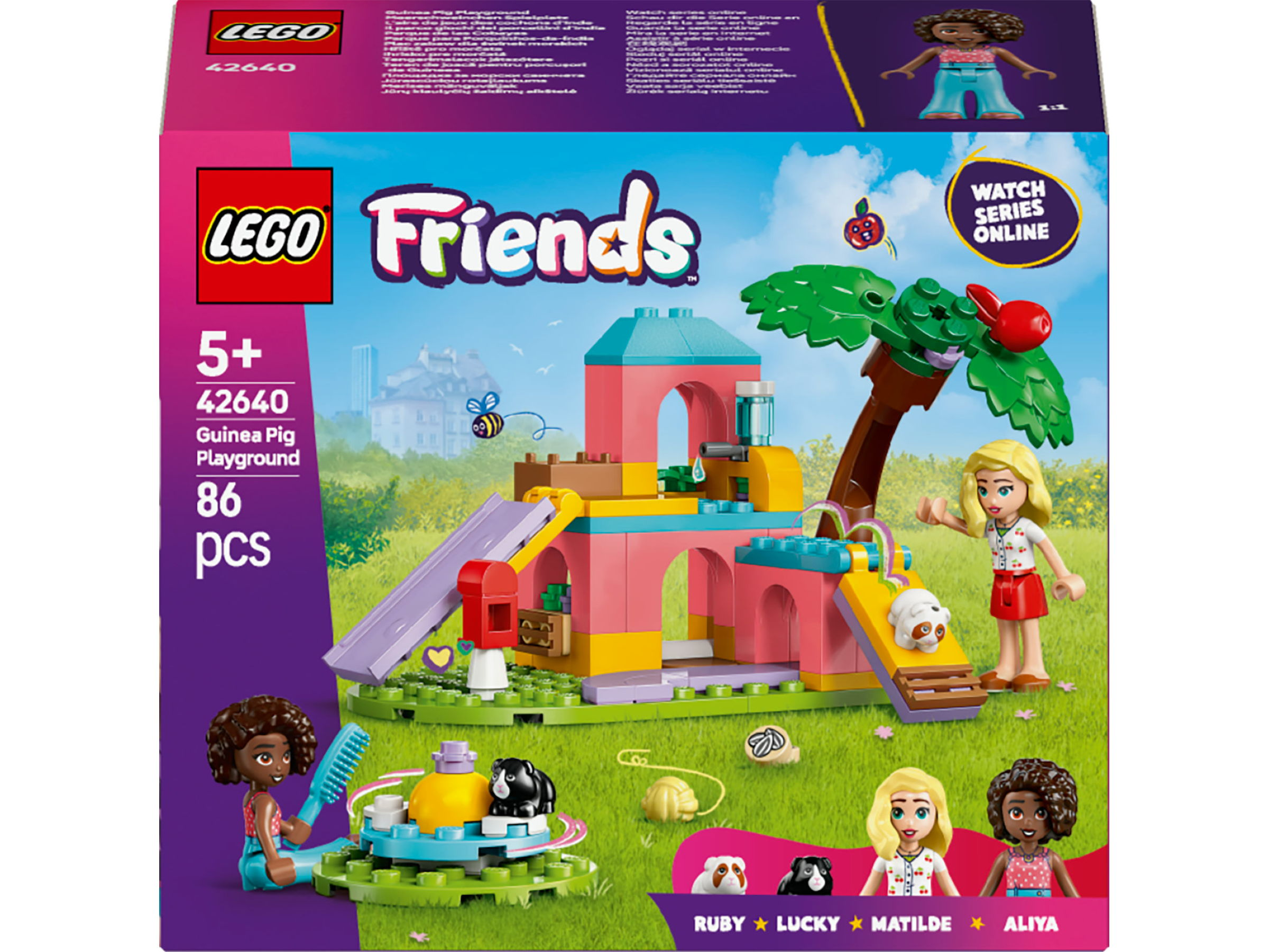 Scatola set Lego Friends che mostra un parco giochi per porcellini d'India con personaggi, uno scivolo e un albero.