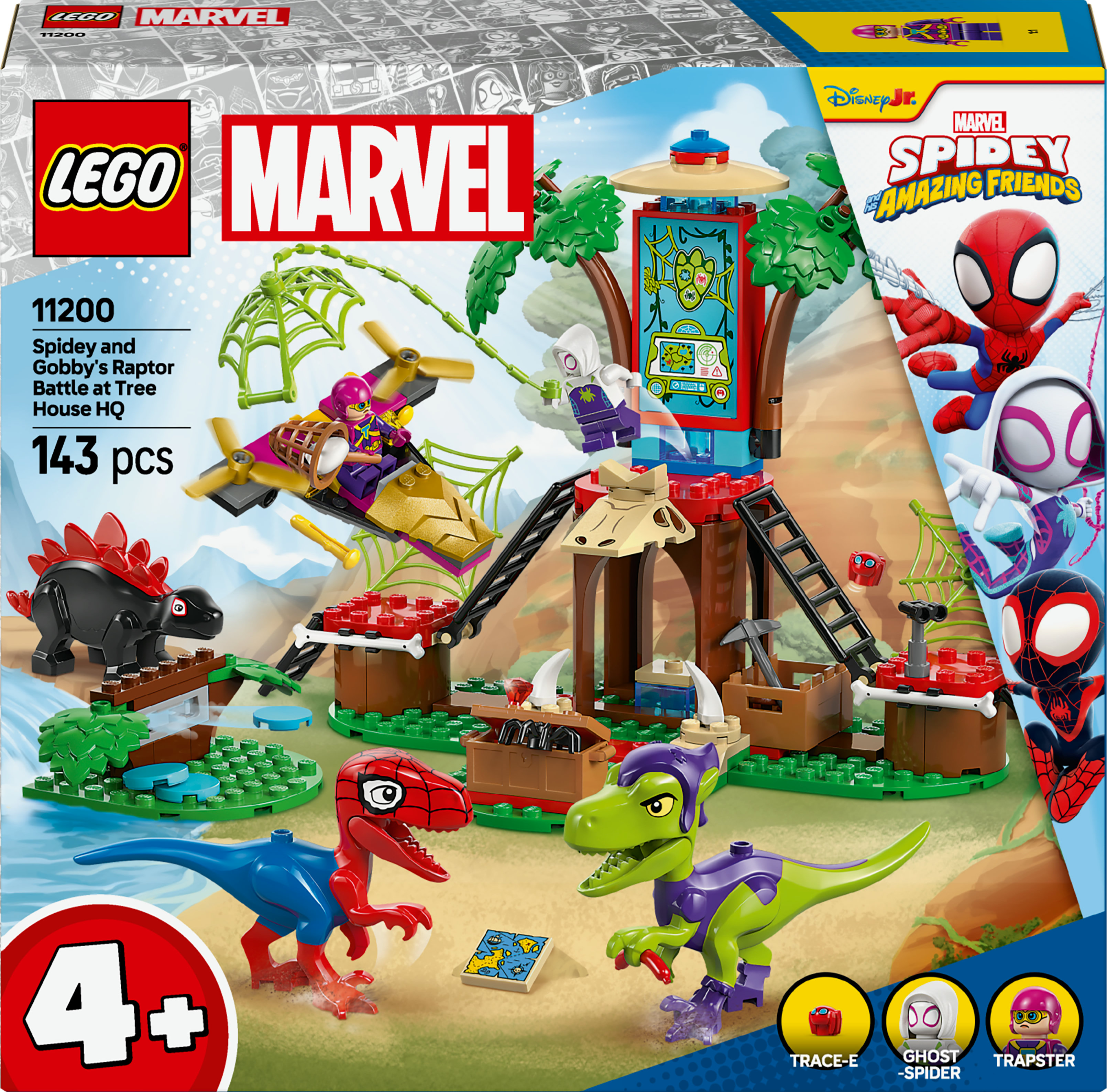 Set Lego Marvel con Spidey y dinosaurios en una casa en el árbol. Incluye un helicóptero.