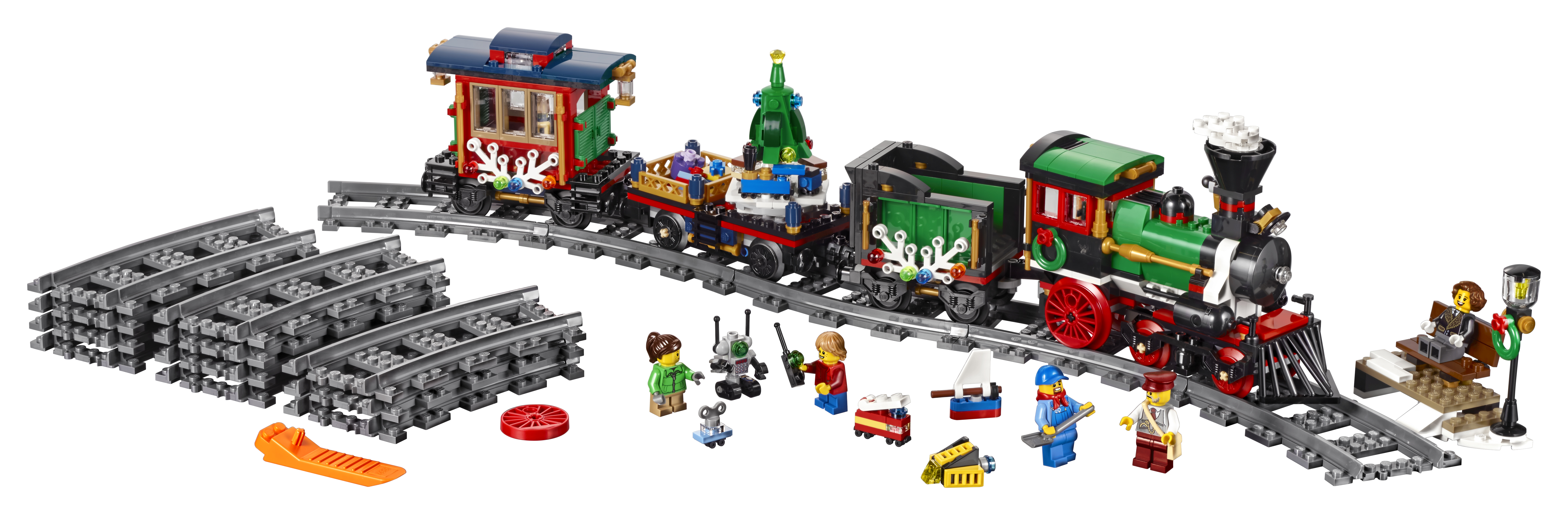 A LEGO Christmas train set on tracks, includes a locomotive, passenger cars, figures, and track pieces.