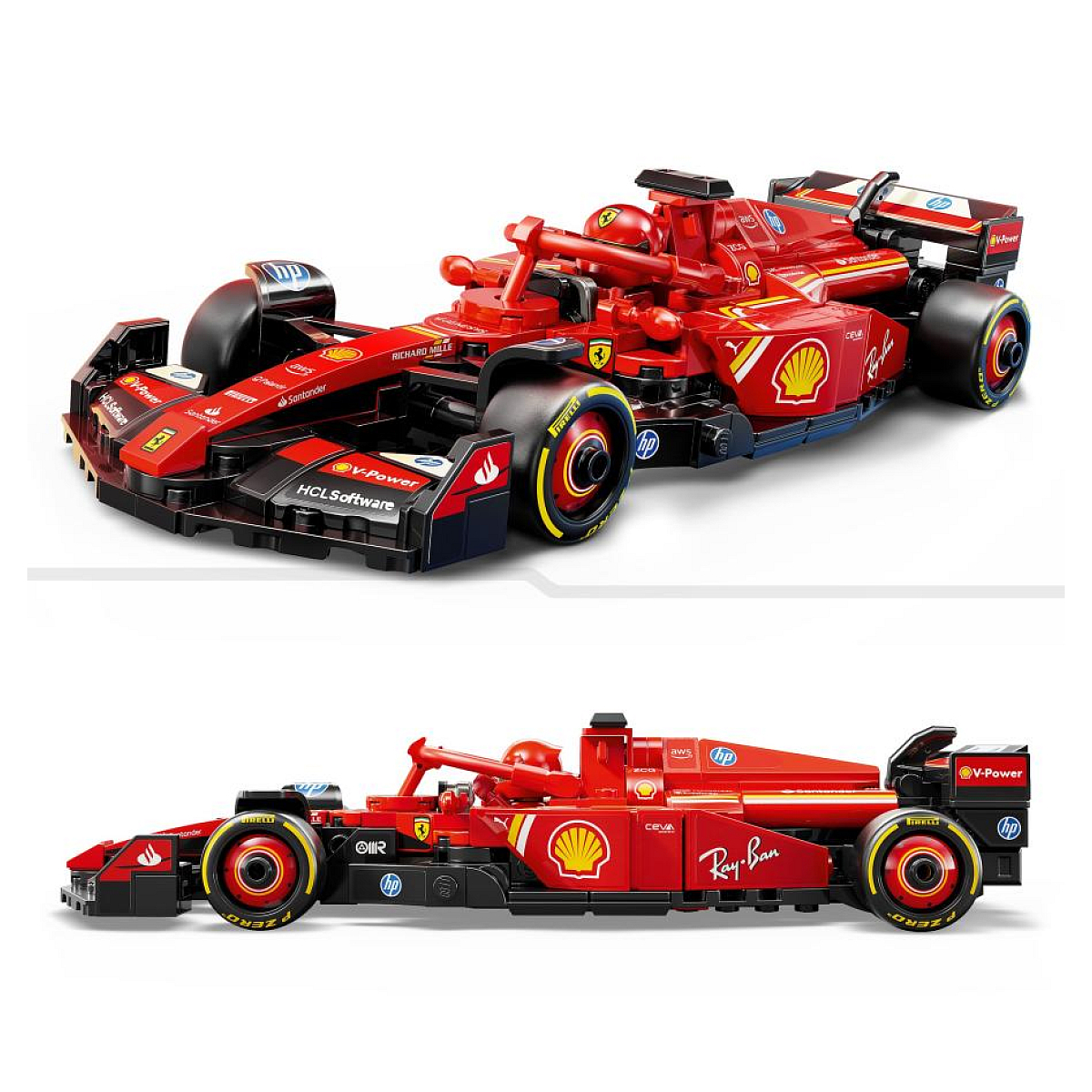 Model LEGO samochodu wyścigowego Ferrari. Czerwony z czarnymi i żółtymi akcentami.