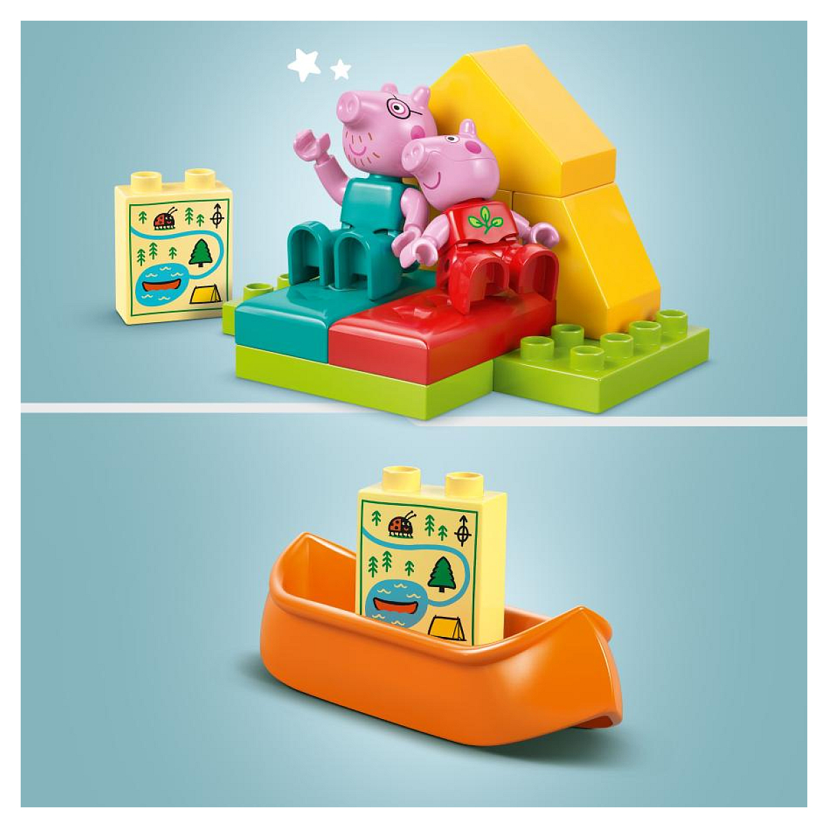 Zestaw Lego Duplo Świnka Peppa. Zawiera Peppę i jej mamę. Żółto-zielona sceneria w scenie.