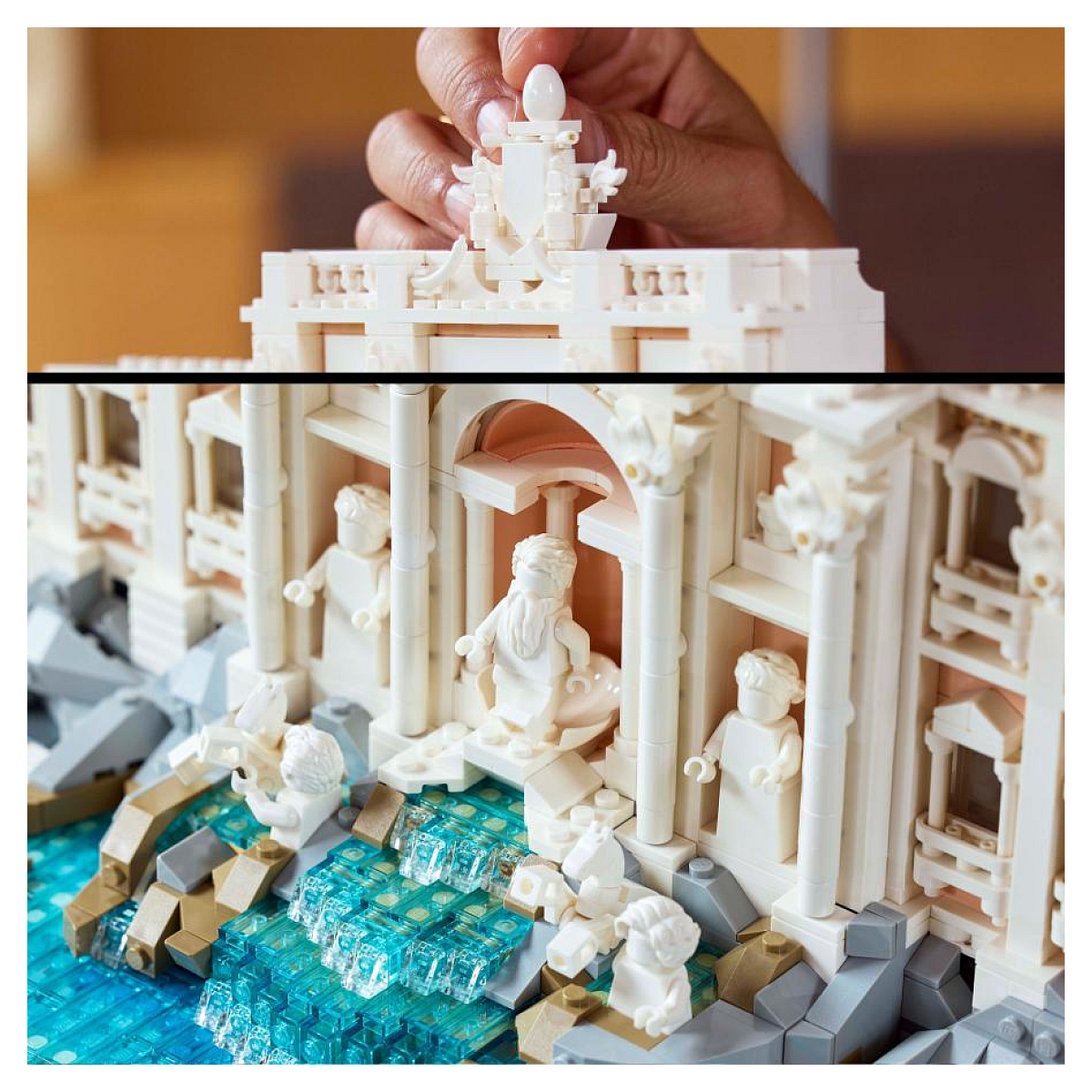 Model Lego białego budynku z posągami, wodą i łukami, z ręką umieszczającą element.